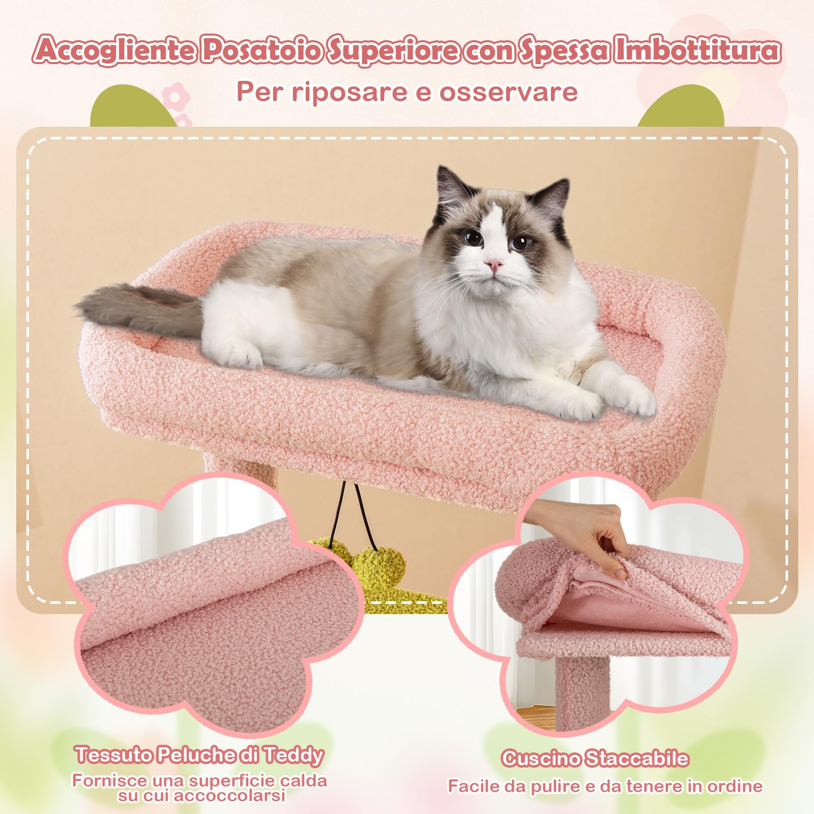 COSTWAY Tiragraffi per Gatto Alto 150 cm Stile Floreale, Albero Tiragraffi Gatti con Pali in Sisal, Piattaforme, Grotta e Pompon, Torre Gatto Rivestito in Peluche, Rosa e Verde