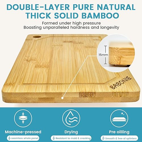 Miniatura 5 de Juego de 2 tablas de cortar de bambú grandes para cocina con organizador de madera, 1 tabla de cortar de acero inoxidable para carne, verduras y