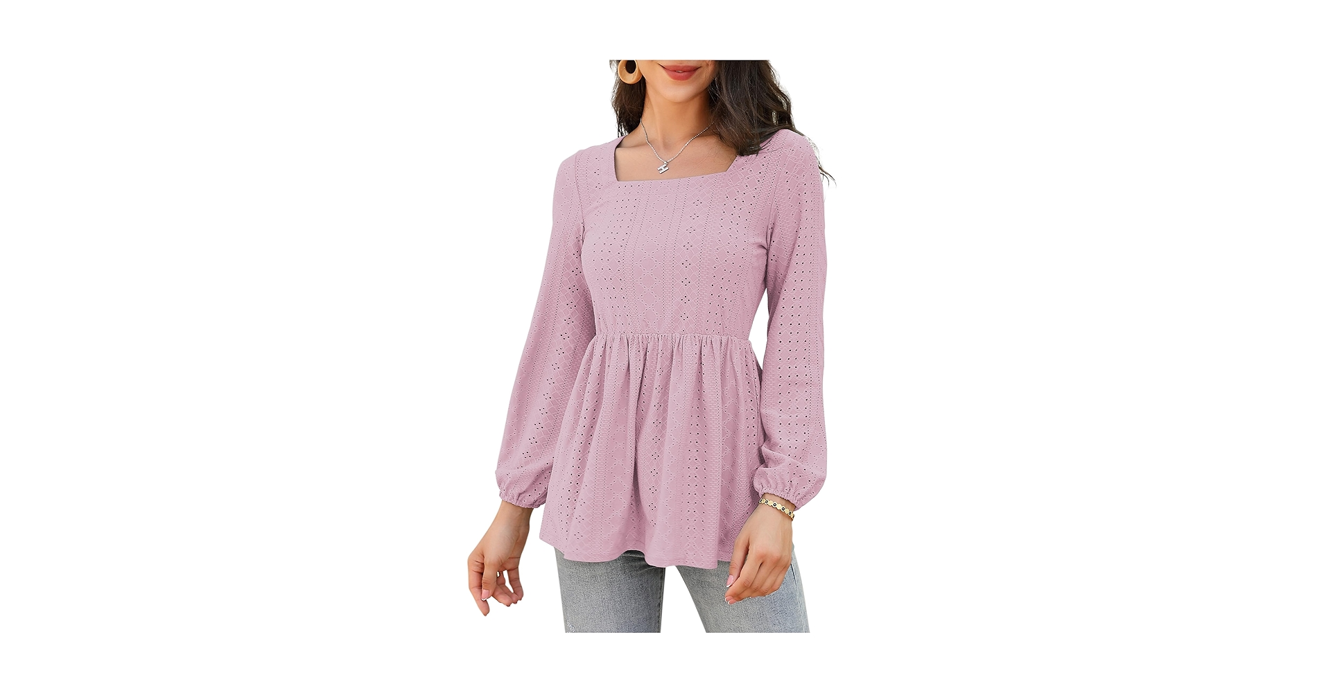 BeatutyNee Square Neck Hollow Out Long Ruffle Sleeve Pleated