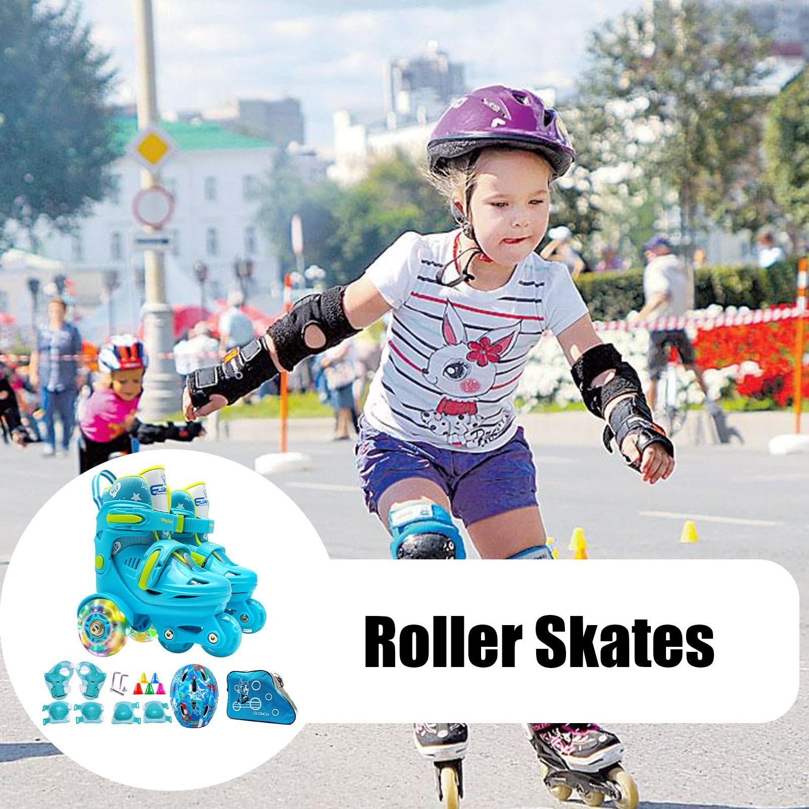 Pattini a Rotelle per Bambini Ruote Luminose, Ginocchiere, Gomitiere, Casco | Principianti Ginocchiere Gomitiere Casco Borsa Portaoggetti Inclusi Per Esterno Interno Giochi P