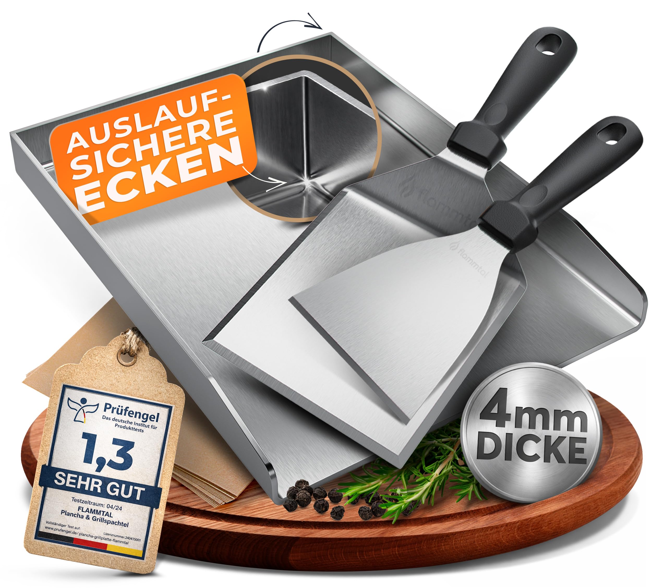 flammtal - Grillplatte aus 4mm rostfreiem Edelstahl [40 x 30cm] - Plancha mit Grillspachtel Set & Burgerpapier - passend für Gas- & Kohlegrill - auslaufsichere Ecken für sauberes Grillen