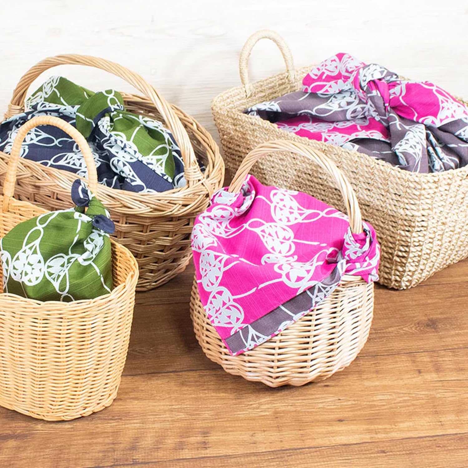 IPPINKA Japanese Reversible Furoshiki - Set of 3 - Traditional Wrapping Cloth - Pink/Green, Purple/Blue, and Blue/Red - Made in Japan