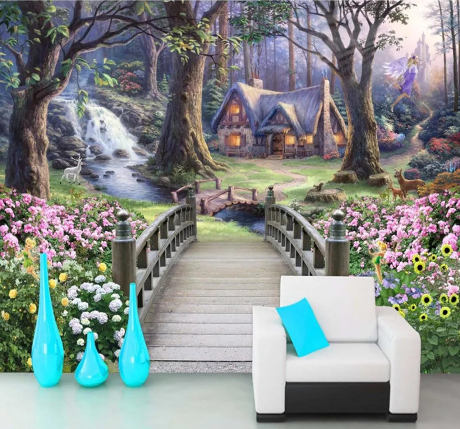 Fantasy House Forest Waterfall Small Bridge 3D Wallpaper Easy Install Feature Office Living Room Sofa Bedroom TV Background Wall Decoration-250cm×170cm
