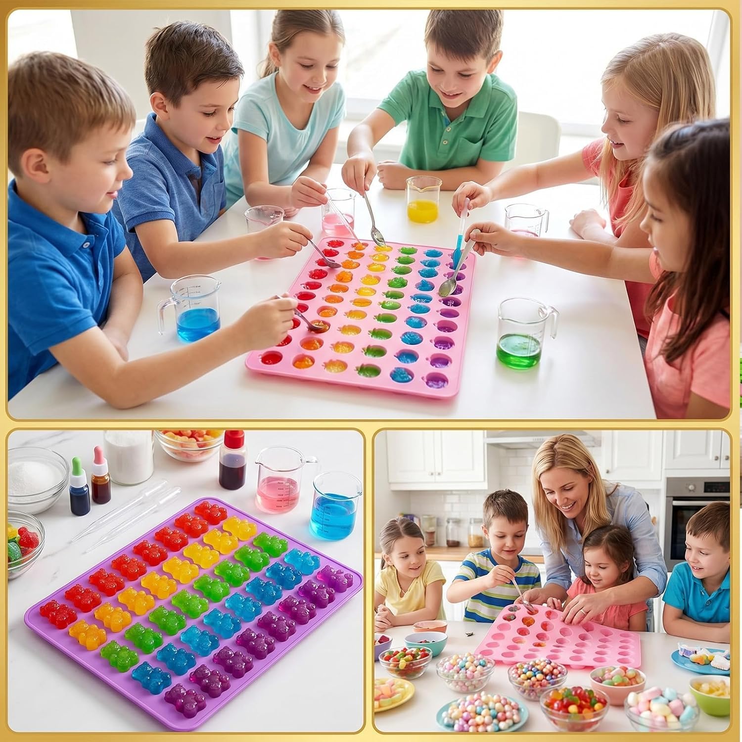 6 Pezzi Stampi in Silicone per Caramelle, Stampi per Orsetti Gommosi con 4 Pipette + 50 Sacchetti di Caramelle per Fare Gommose Cioccolatini Caramelle Piccoli Cubetti di Ghiaccio