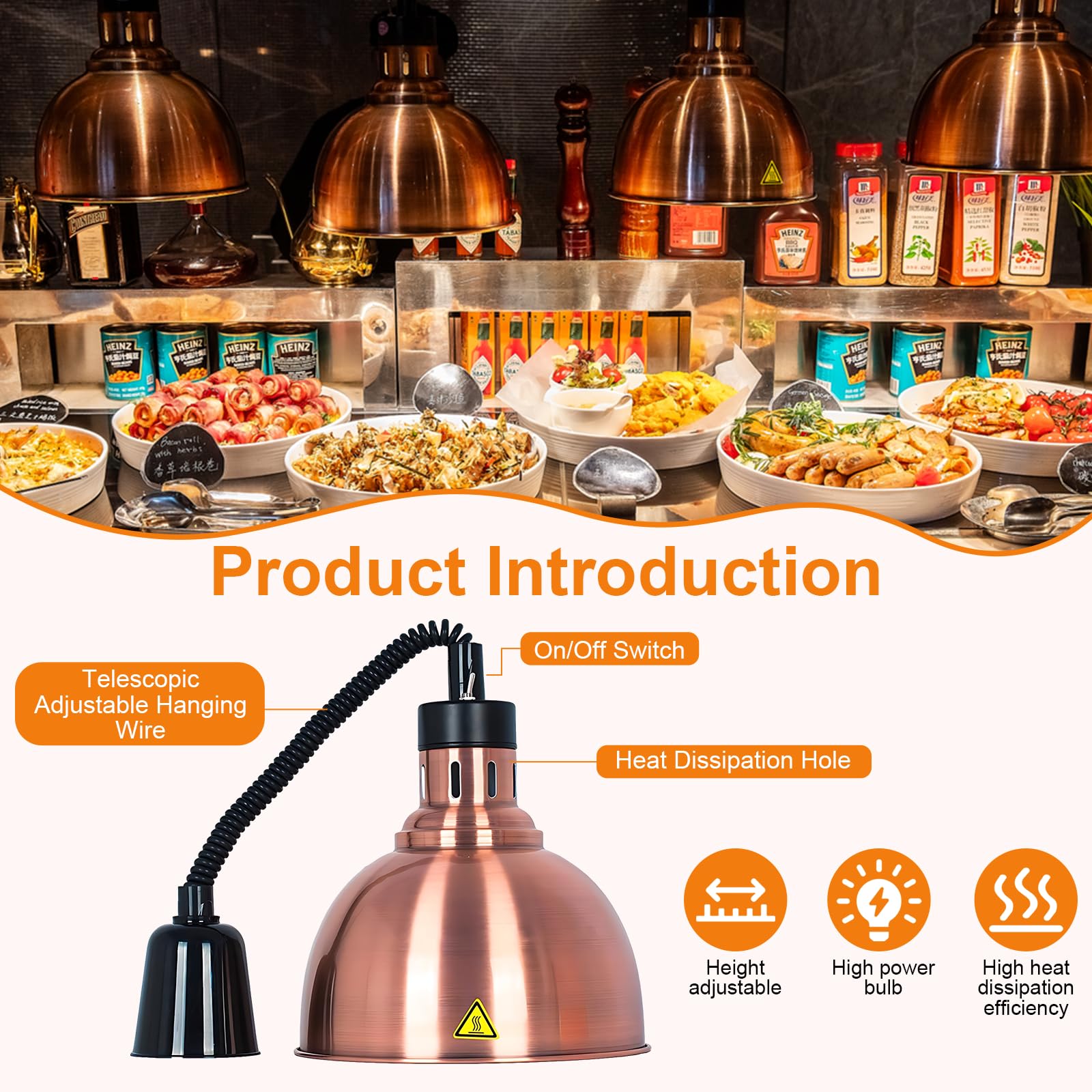 Lampada Riscaldante Cucina, 250W Lampada Riscaldante per Alimenti Regolabile, Lampada Scaldavivande Ristorante Sospeso 19 cm/25 cm per Ristoranti, Hotel (Acciaio inossidabile-25cm,2 Pezzi)