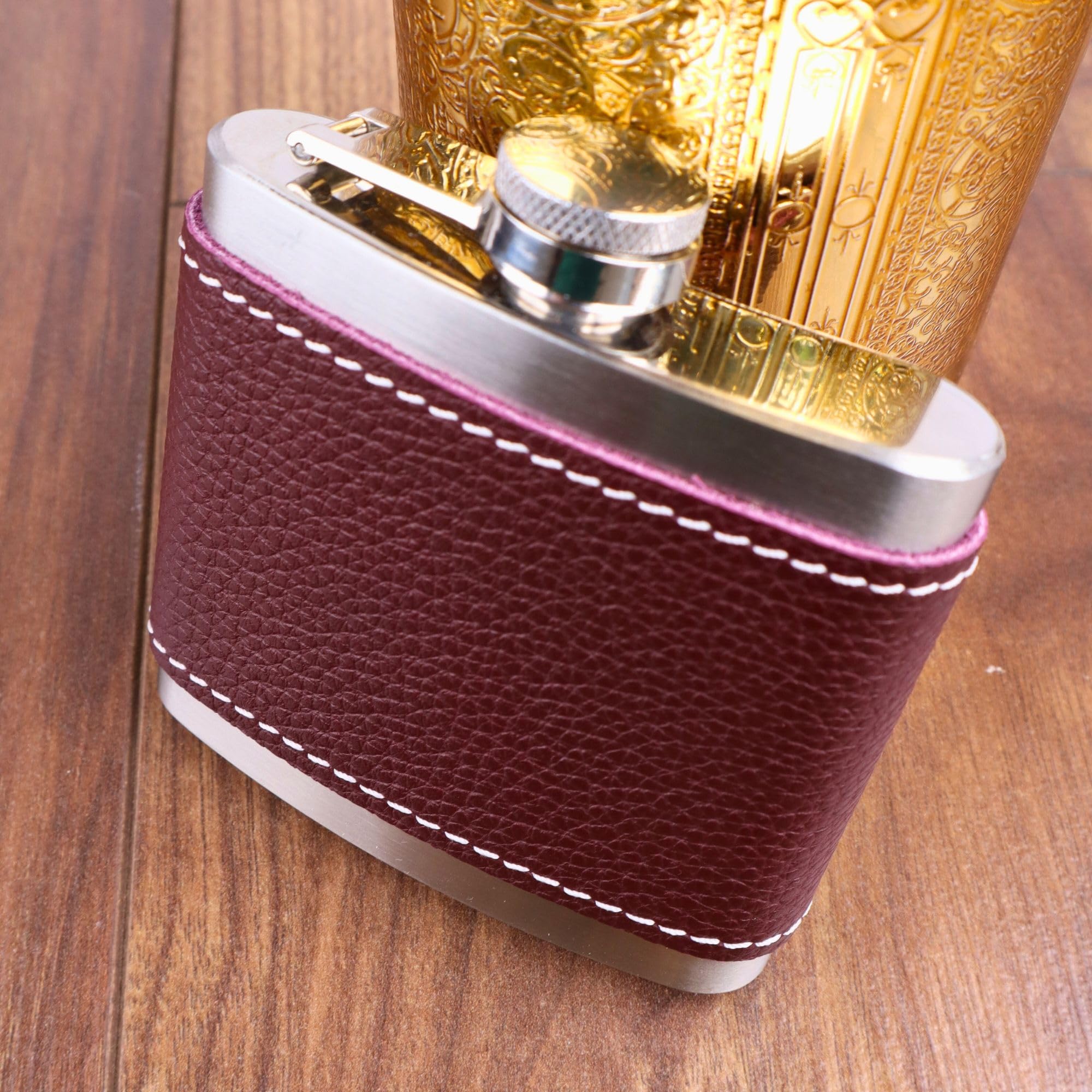 Perlotus 5 Oz-150 cc Hunili Kahve Brown Deri Kılıf Çelik Viski İçki Konyak Matarası