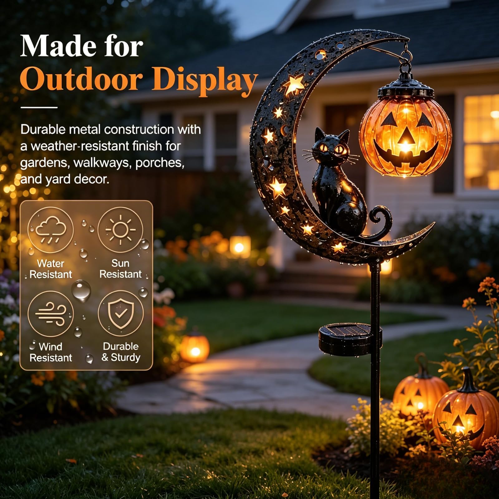 Lampada Solare da Giardino a Forma di Gatto Nero per Halloween, da Appendere a Forma di Zucca o Luna | Lampada da Giardino a Forma di Zucca e Luna, in Metallo Resistente alle intem