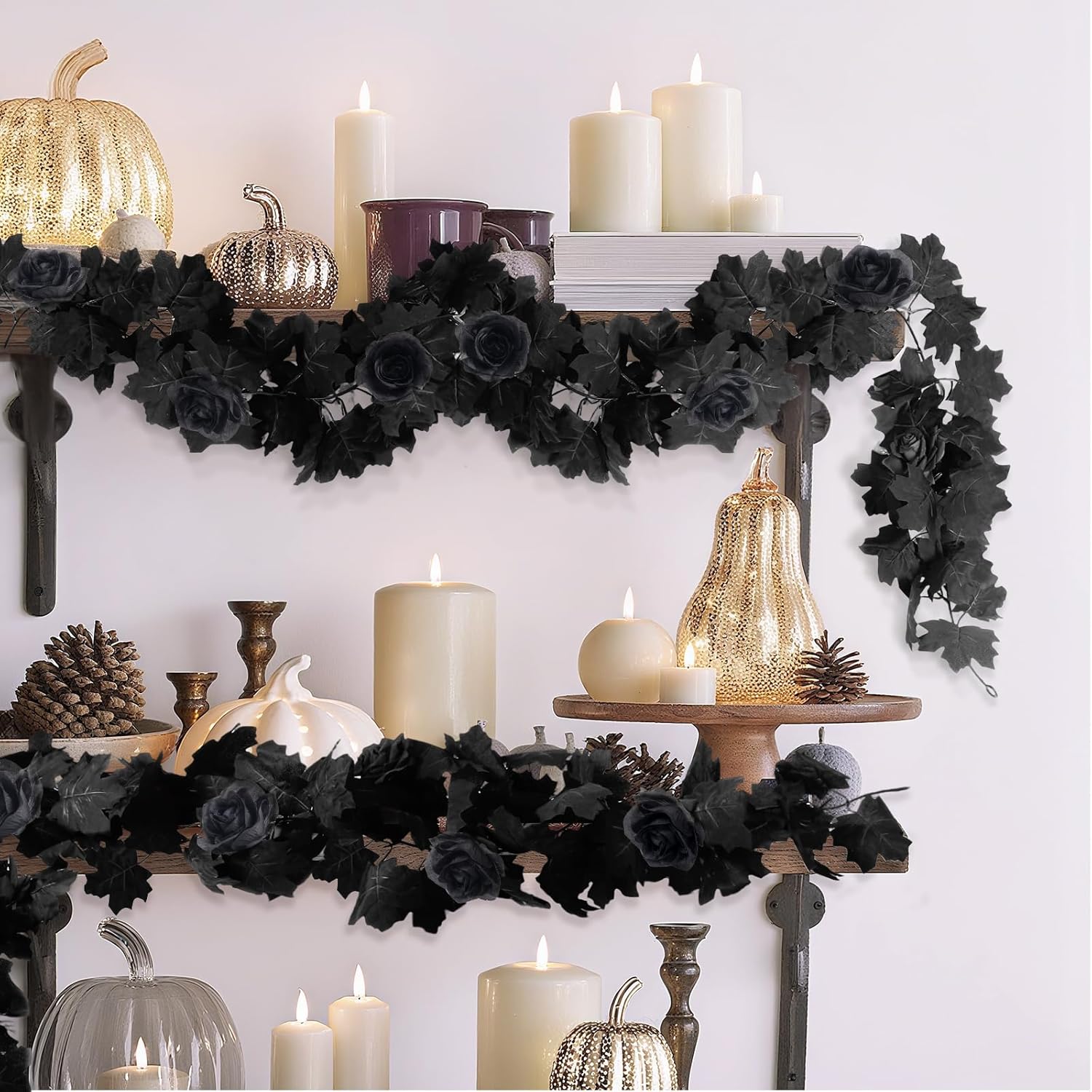 SJL 2 Pack Black Maple Leaf Garland Halloween Outdoor Garland Fake Rose Vines Hanging Fall Leave Vines Gothic Desk Accessories for Halloween Party Spooky Home Haunted Fireplace Decorations (Black) - Image 7