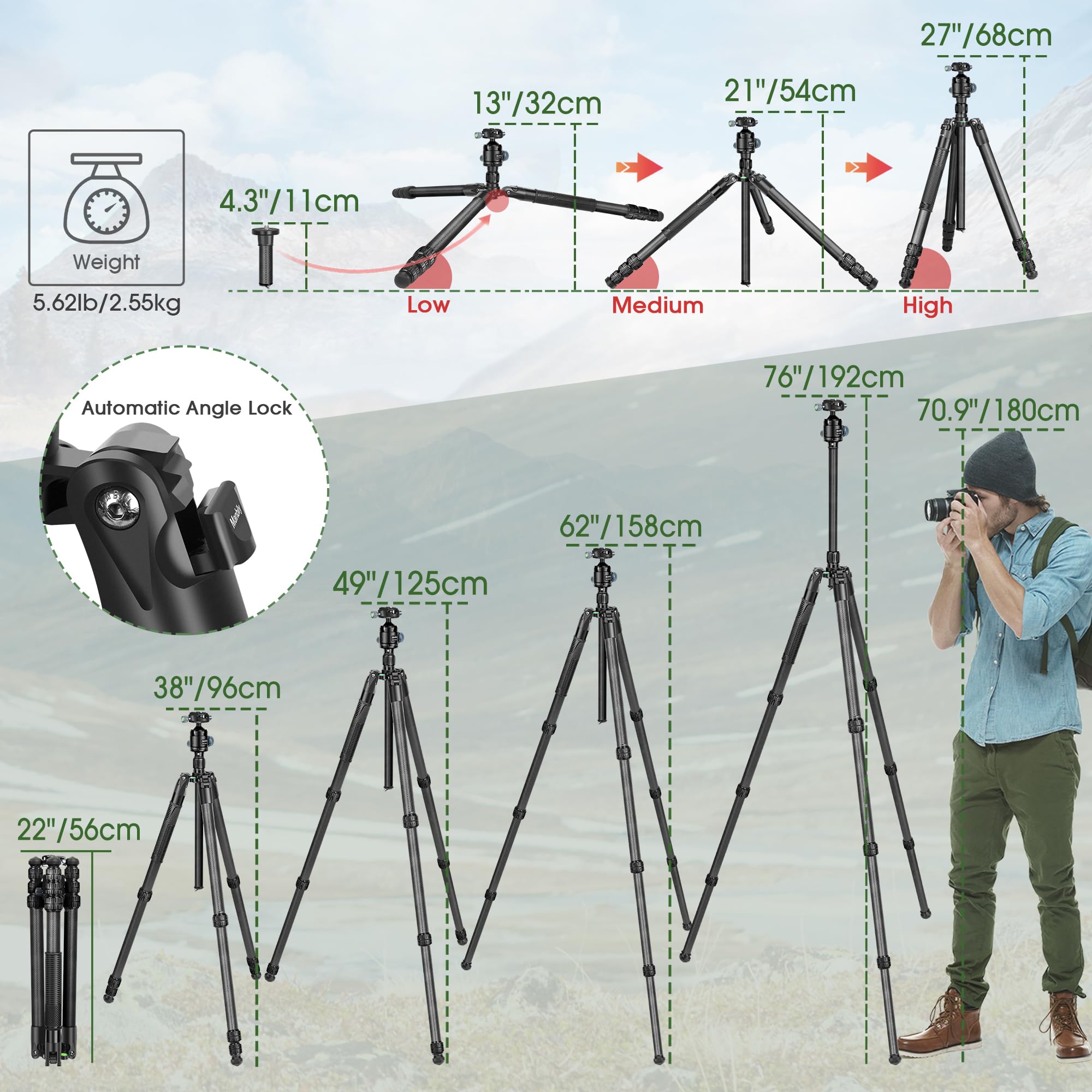 Manbily Treppiede per fotocamera in fibra di carbonio da 13"-76" con tubo da 32 mm, treppiede portatile per fotografia con testa a sfera panoramica a 360° da 44 mm, carico massimo 20 kg, piastra Arca