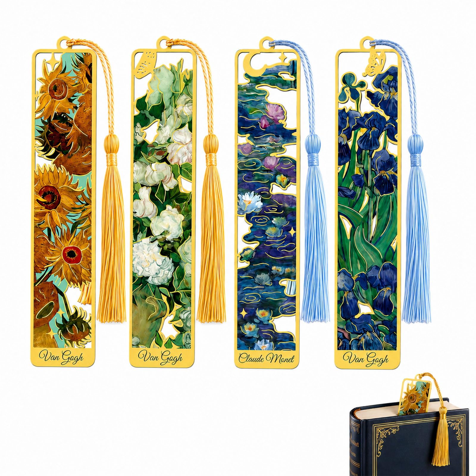 4Pcs Acrylic Bookmarks with Tassel Art Painting Theme for Book Lovers