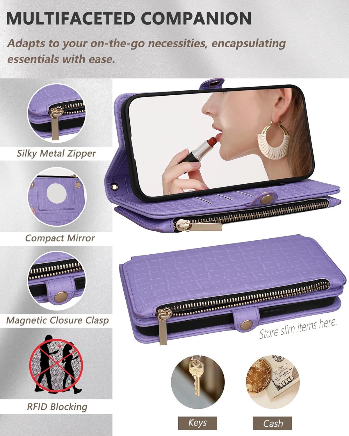 Crossbody Wallet Case for iPhone 15 Pro Max with Mirror, Wrist Strap, Zipper Purse Magnetic Flip RFID Blocking Card Holder, Wireless Charging, PU Leather Shockproof 6.7" Women (Purple) - Image 3