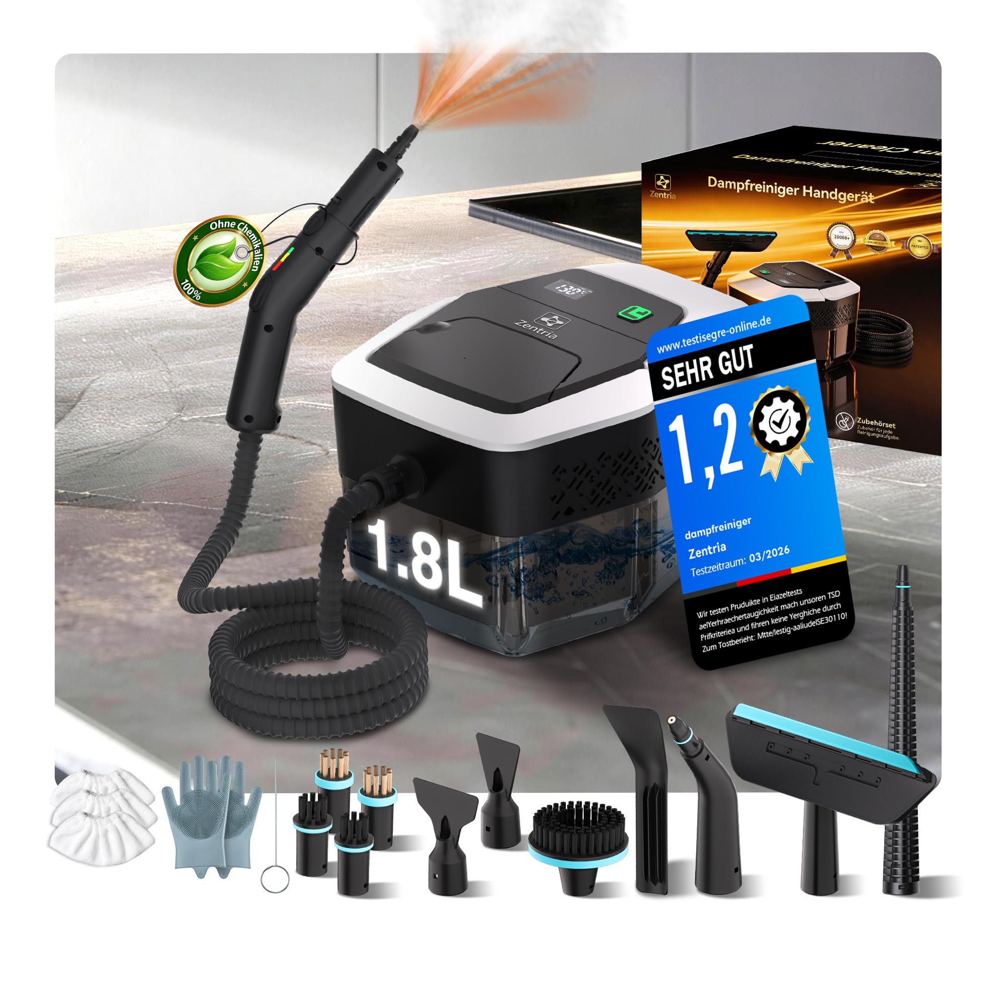 20-IN-1 Dampfreiniger Handgerät【100% Kühler & Akkufreier Griff–Neueste NH Labor-Technik】【99,99% Keimreduktion–SPJ Spitzentechnik】Dampfreiniger für Alles,Steam Cleaner für Fußboden, Sofa