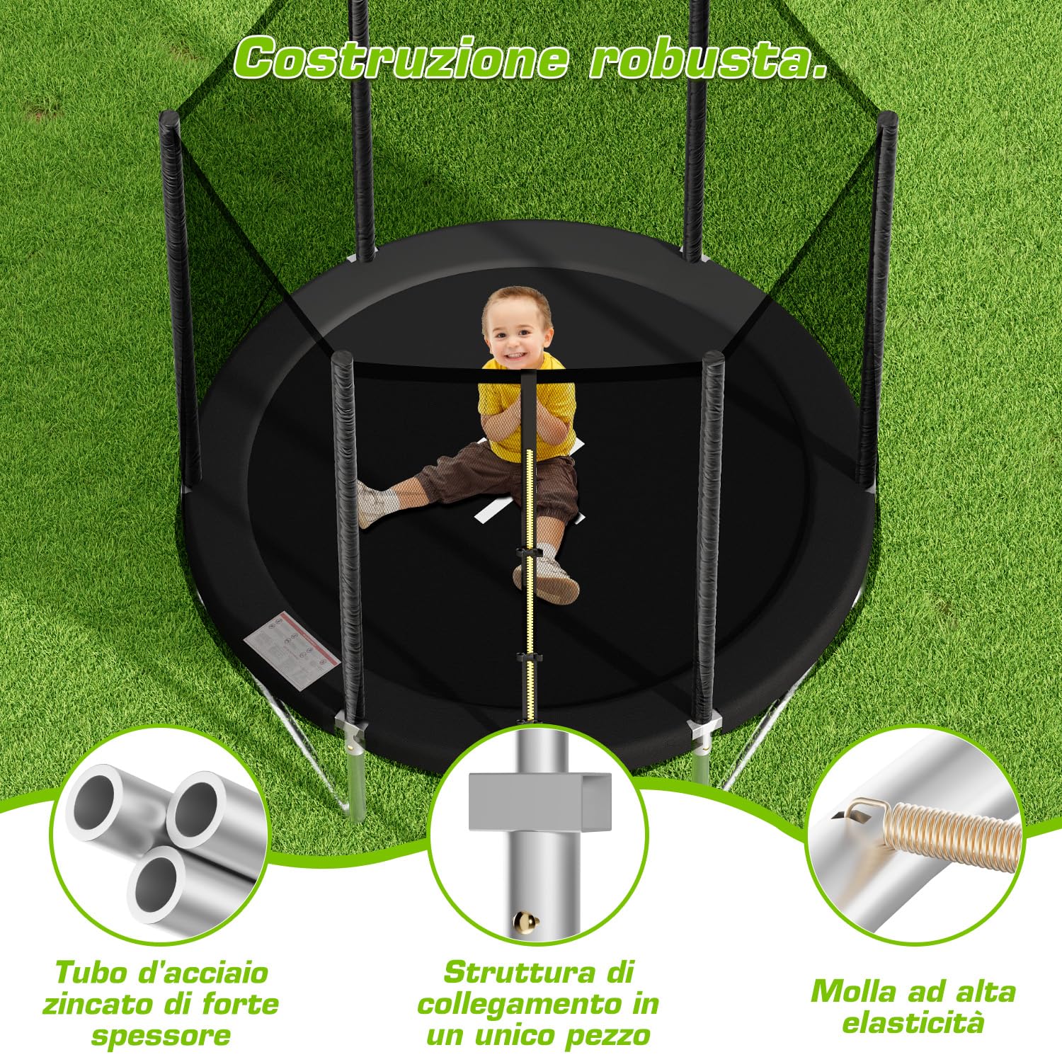 TRIUMPHKEY Trampolino esterno per bambini Ø 183/228/305/366/427 cm, trampolino da giardino, set completo con rete di sicurezza, scala, copertura del bordo, capacità di carico 50-150 kg
