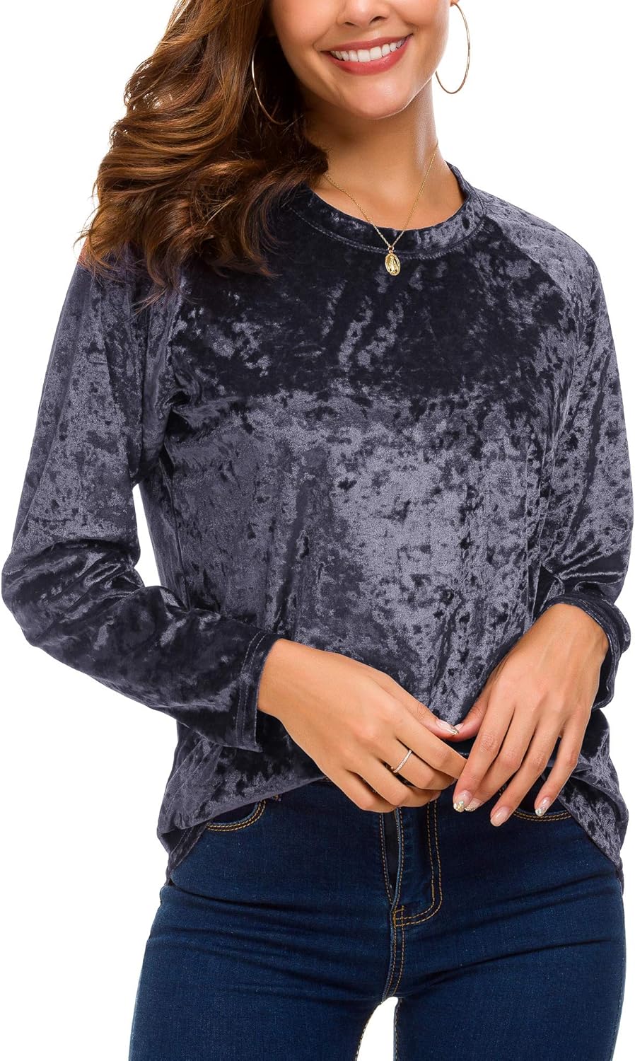 Urban CoCo Women's Vintage Velvet T-Shirt Casual Long Sleeve Top - Image 4