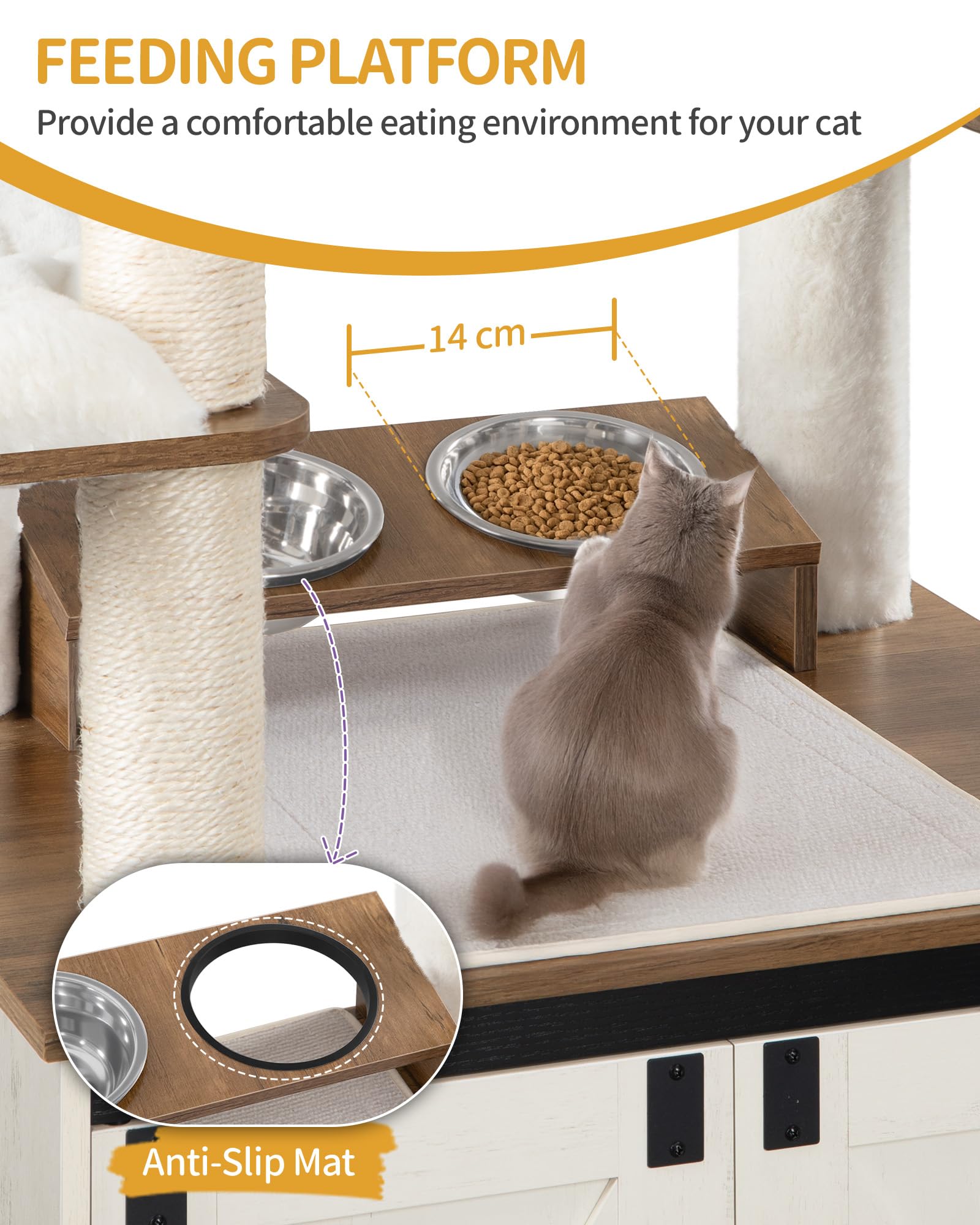 Hzuaneri 173 cm Árbol para Gatos, Blanco y Marrón, Casa para Gatos | con Mueble para Bandeja Higiénica, Soporte para Comedero Elevado, Cuerda de Sisal, Hamaca y Cojín Lavable, CB89014WT