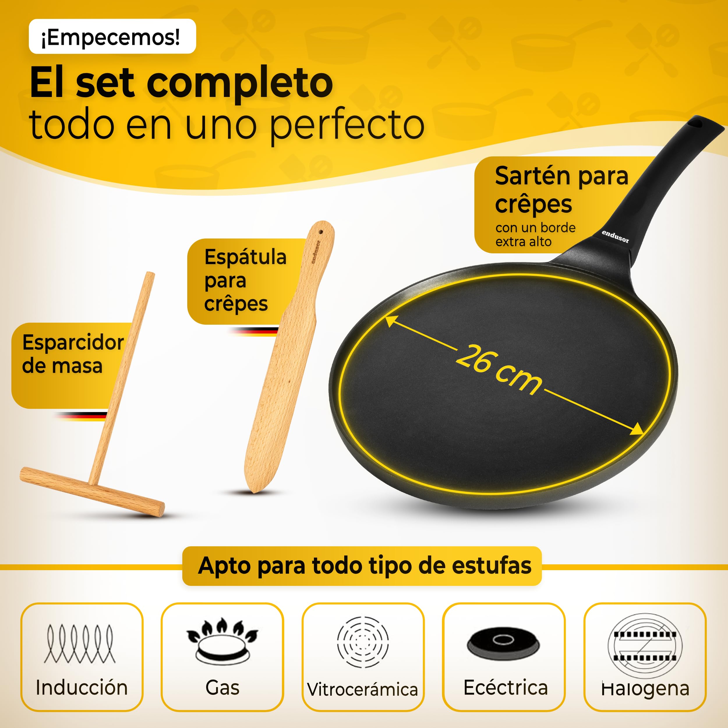 endusor Sarten Crepes Induccion 26cm con 3 capas de antiadherente + espatula y esparcidor de madera de haya alemana - Sartén para crepes apta para TODAS las cocinas - Crepera sarten sin PFOA + PFOS