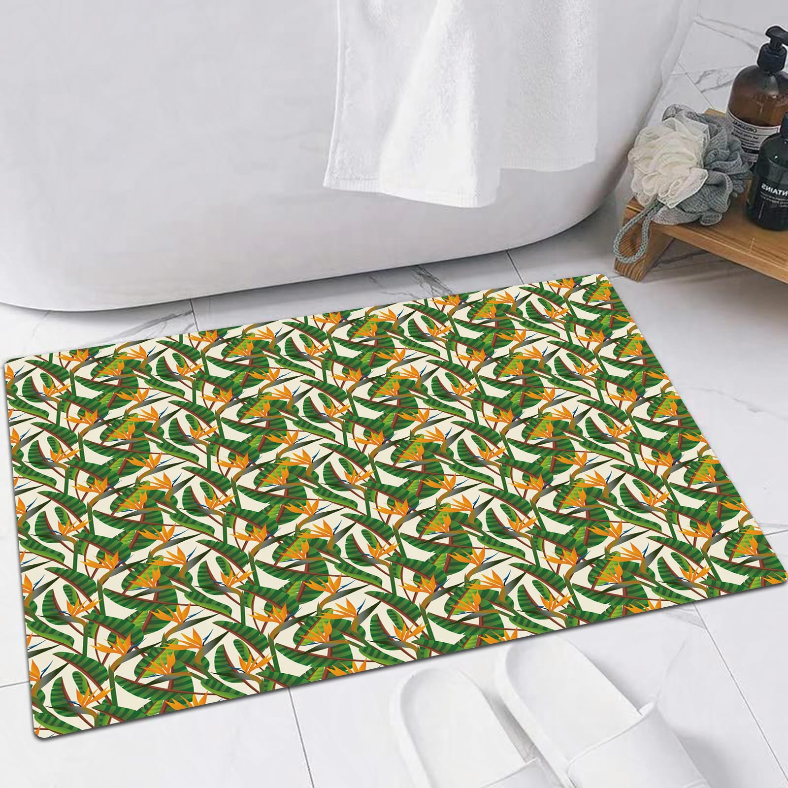 EMFSLA Bath Mat 16x24 in,Tropical leaves and flowers seamless pattern. Jungle exotic strelitzia and leaf on,Non-Slip Bathroom Mat Machine-Washable,Ultra Soft and Water Absorbent Bath Rug for Bathroom