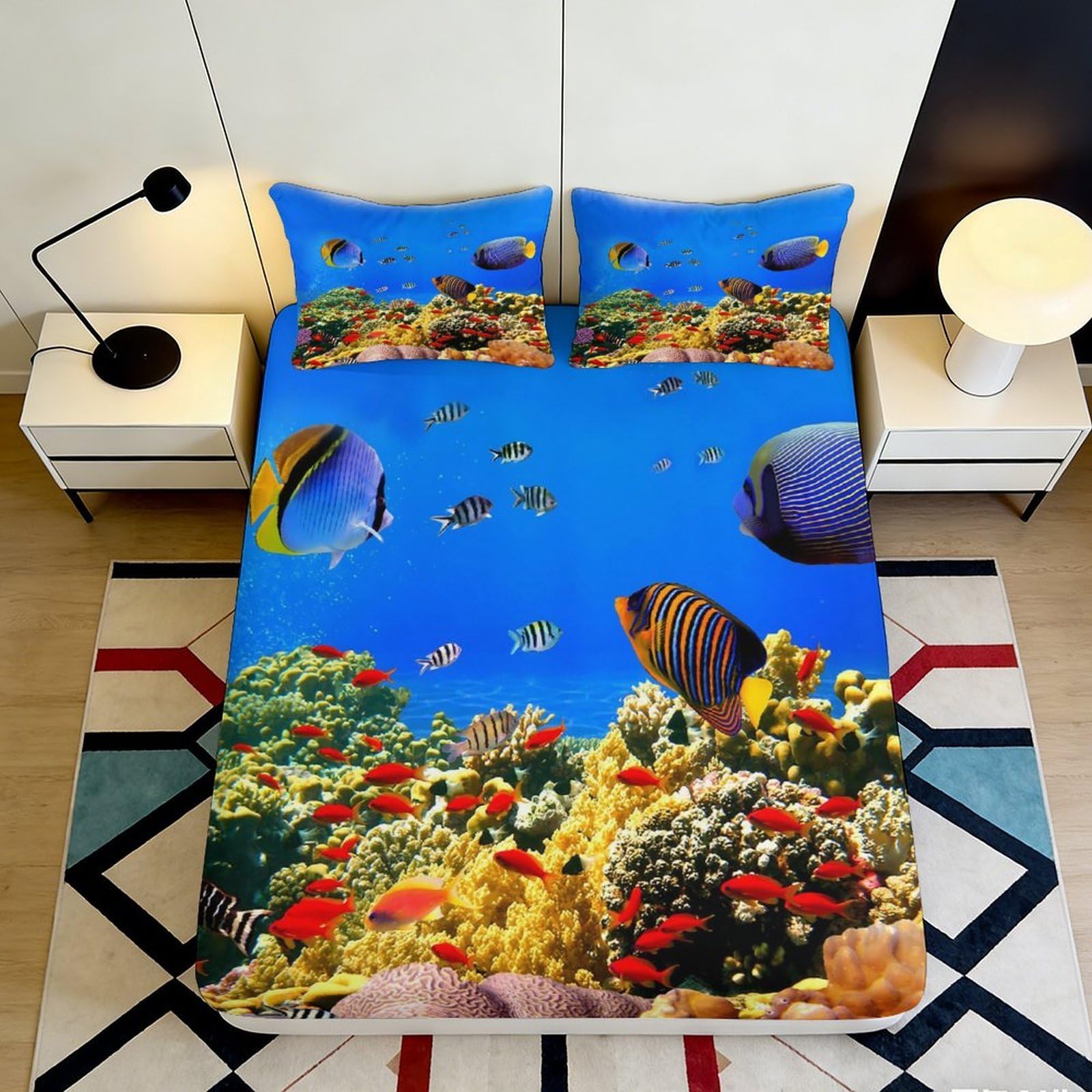 3D Printed Ocean Coral Reef Fitted Sheet Microfiber Soft Mattress Cover Underwater Fish Bedroom Decor 120x200cm 180x200x25cm