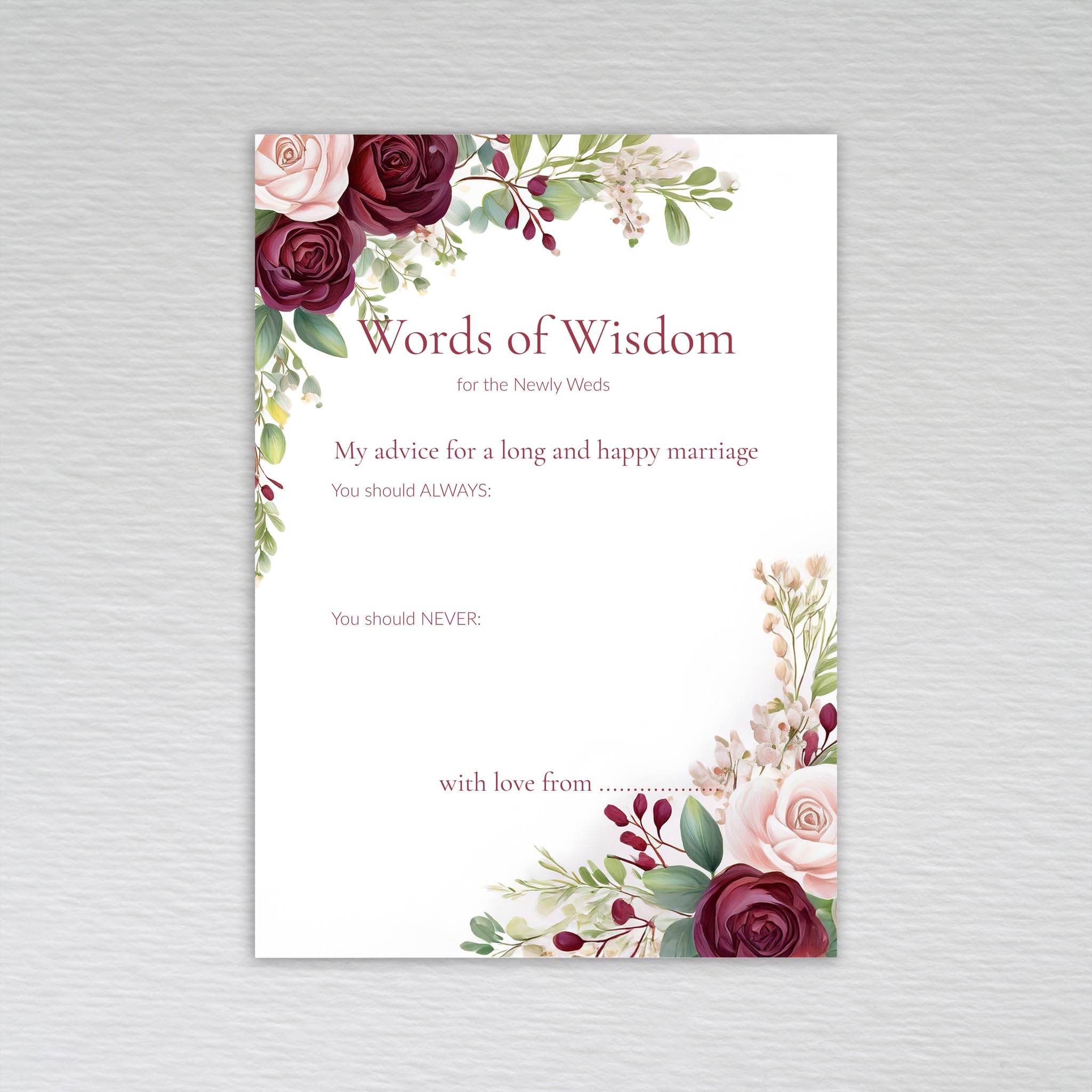 Burgundy Wedding Icebreaker Cards – Elegant Floral Rose & Eucalyptus Design with Burgundy & Maroon Tones, Wedding Trivia Games & Favours (Pack of 20 without Envelopes)