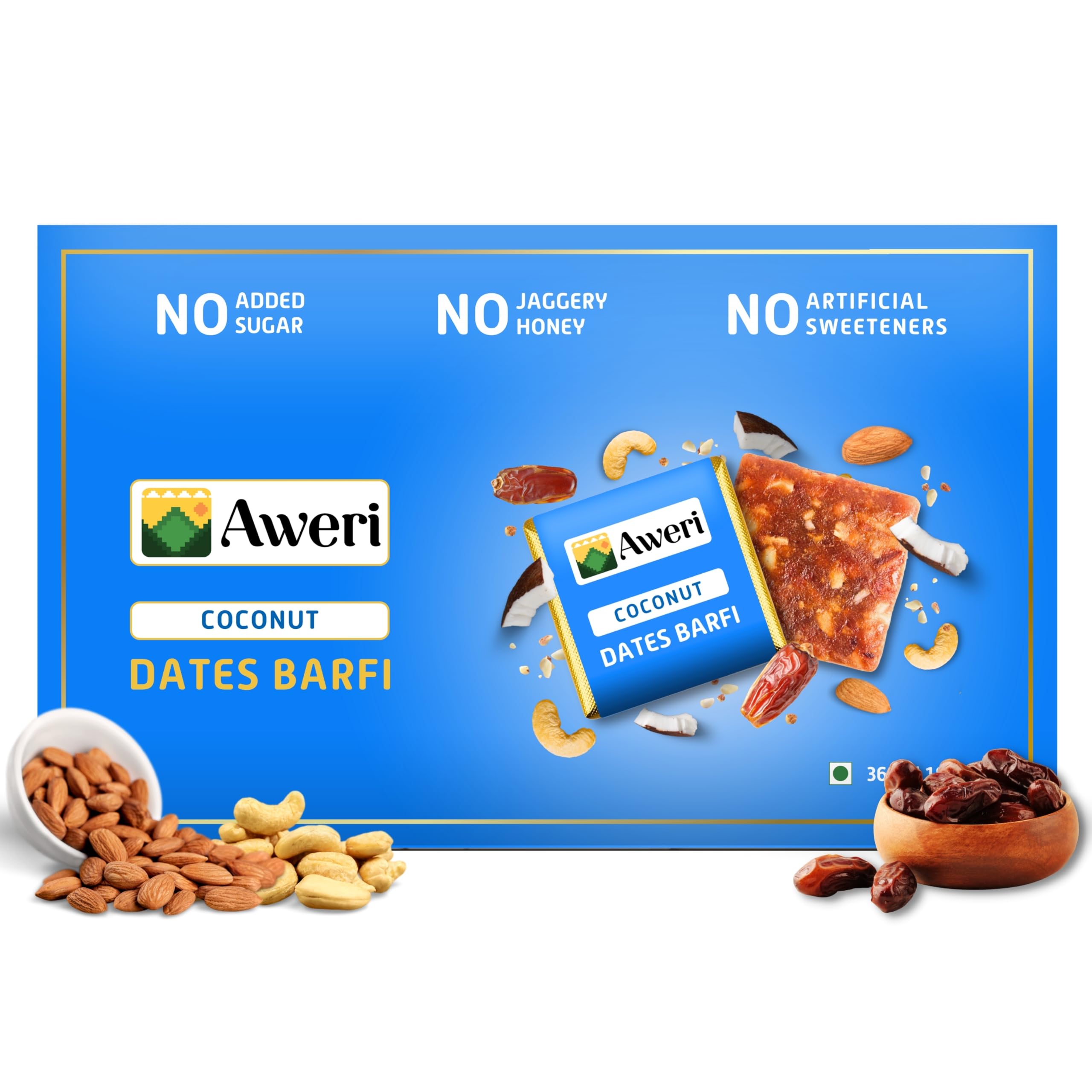 Aweri Coconut Dates Barfi (360 Gram): No Added Sugar Healthy Date Bite | Dry Fruit Barfi | Dates, Almonds, Cashews, Ghee | Indian Sweet Mithai Gift Pack | Khajoor Barfi | Date Chikki