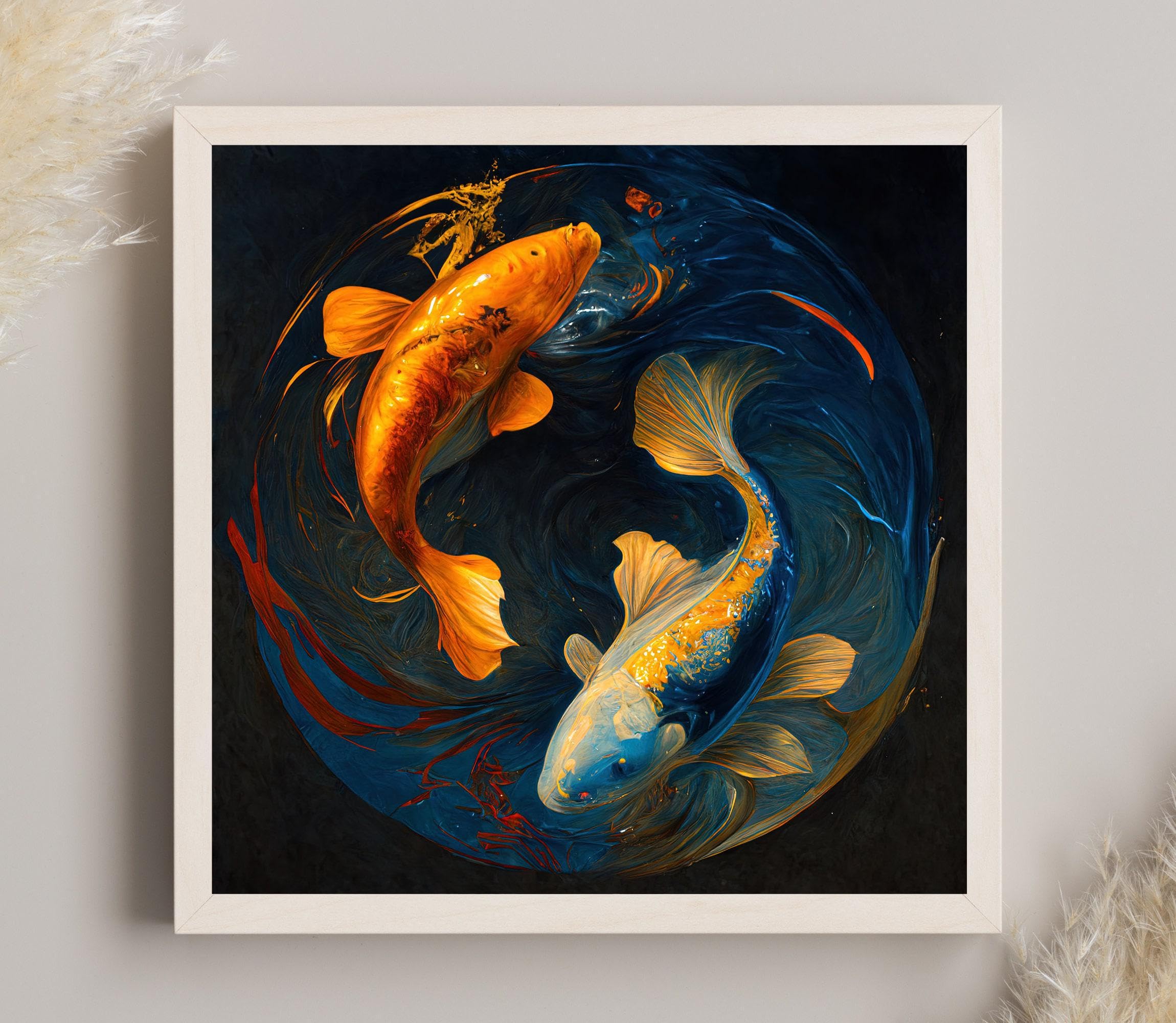 TONGYINLI Yin Yang Koi Fish Canvas Print - Modern Abstract Wall Art, Vintage Koi Fish Oil Painting for Living Room Home Wall Decor(20x20cm/Frameless)