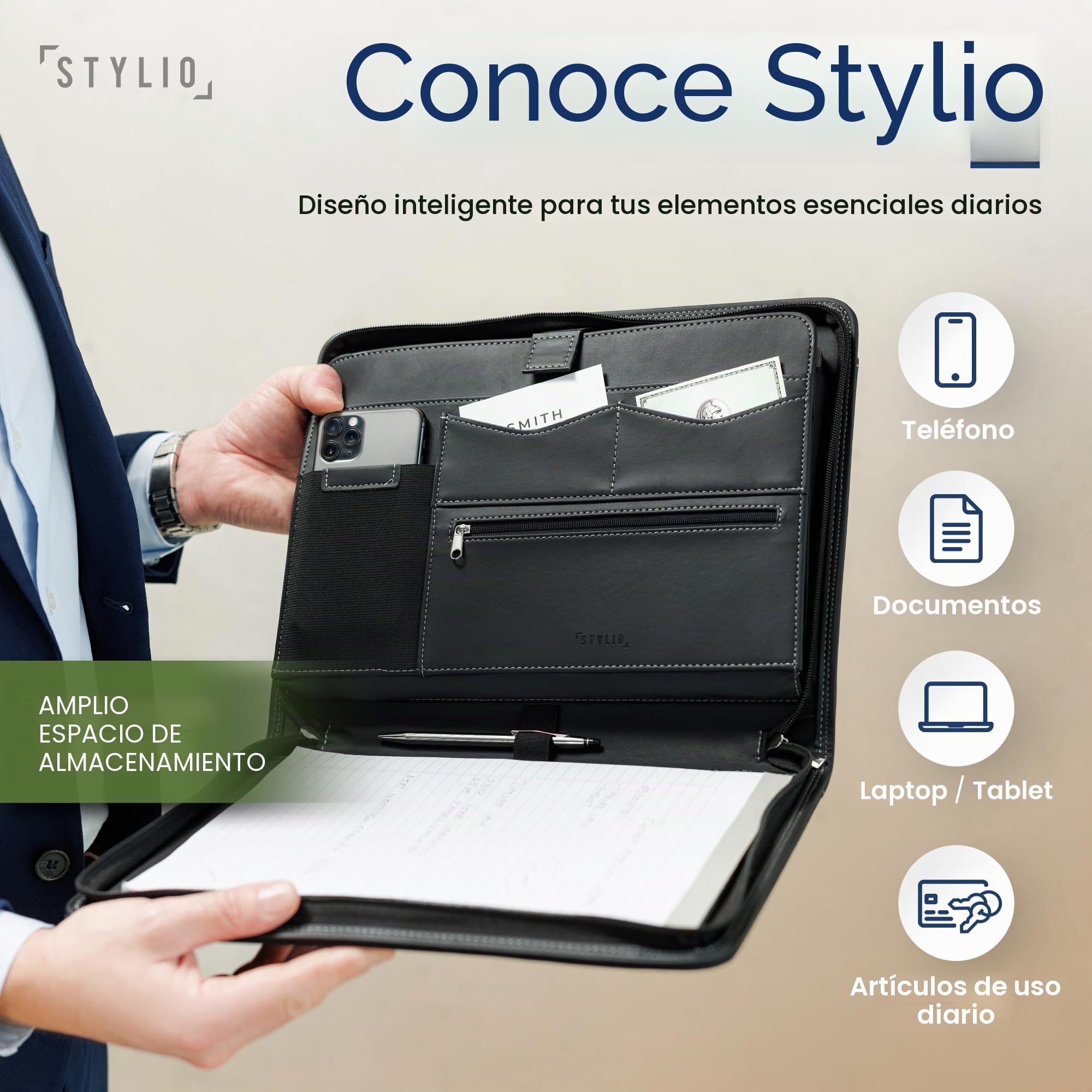 STYLIO A4 Portafolio con Cremallera. Piel Carpeta de Conferencia. Portadocumentos Profesional para Negocios. Viajes Portacuaderno. Organizador para iPad, Teléfono y Tarjetas. Incluye Bloc de Notas