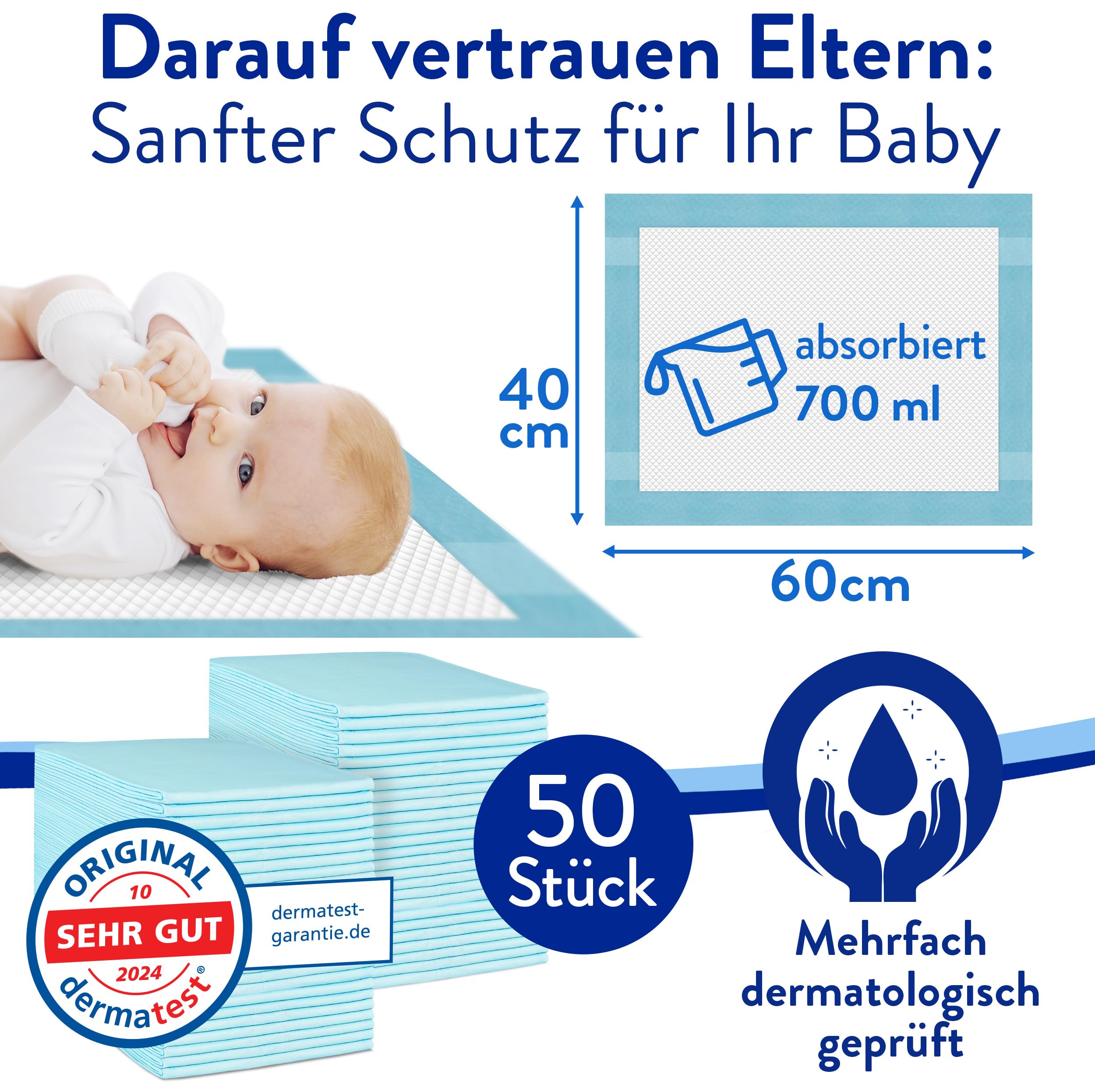 Hautfreundliche Wickelunterlagen einweg 40 x 60 cm DERMATEST SEHR GUT saugstarke einweg wickelunterlage baby zubehör mit rutschfester Rückseite - 100 Stück
