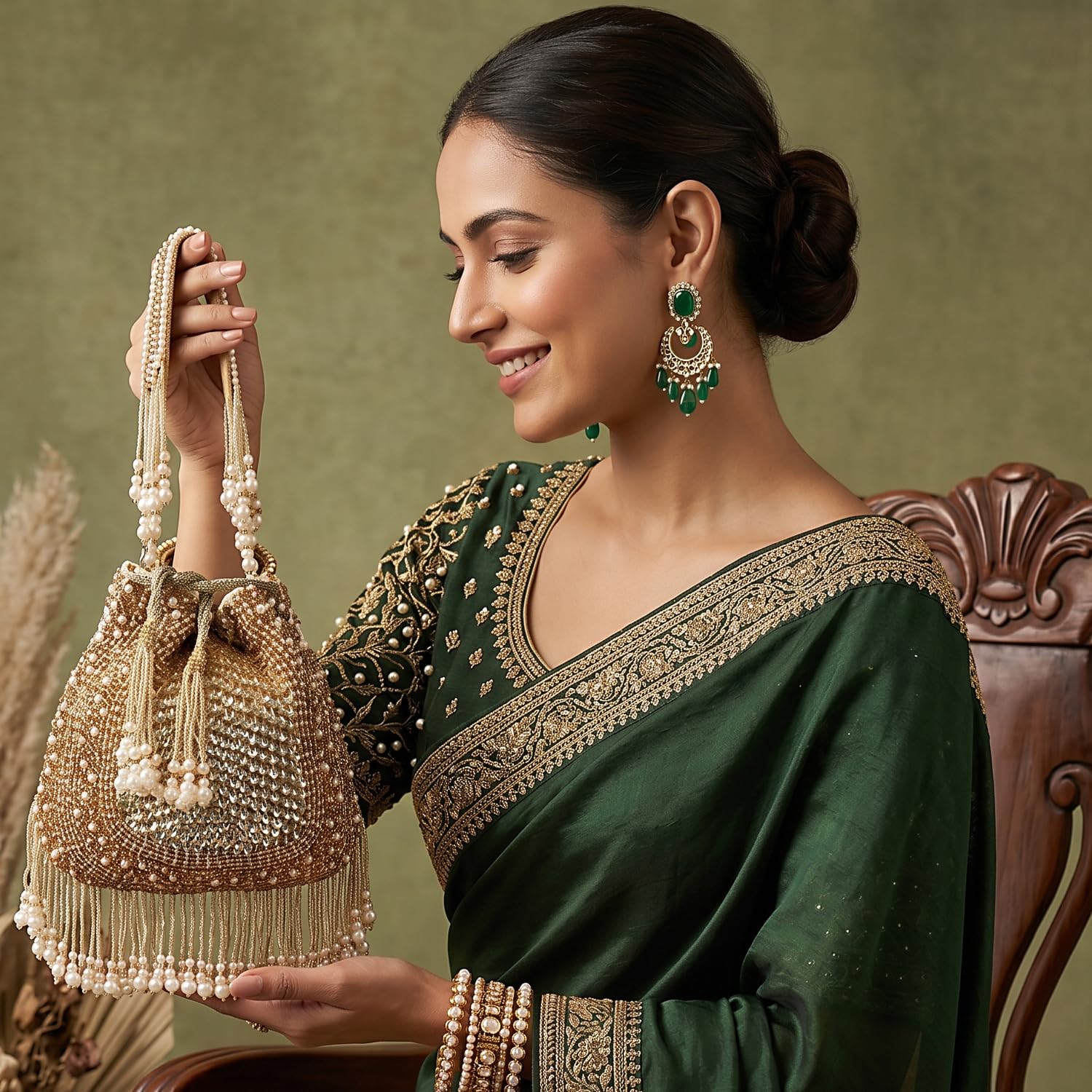 LONGING TO BUY Borsa Potli con perline dorate e sequenze con dettaglio di frange di perle, pochette con coulisse impreziosita per le donne