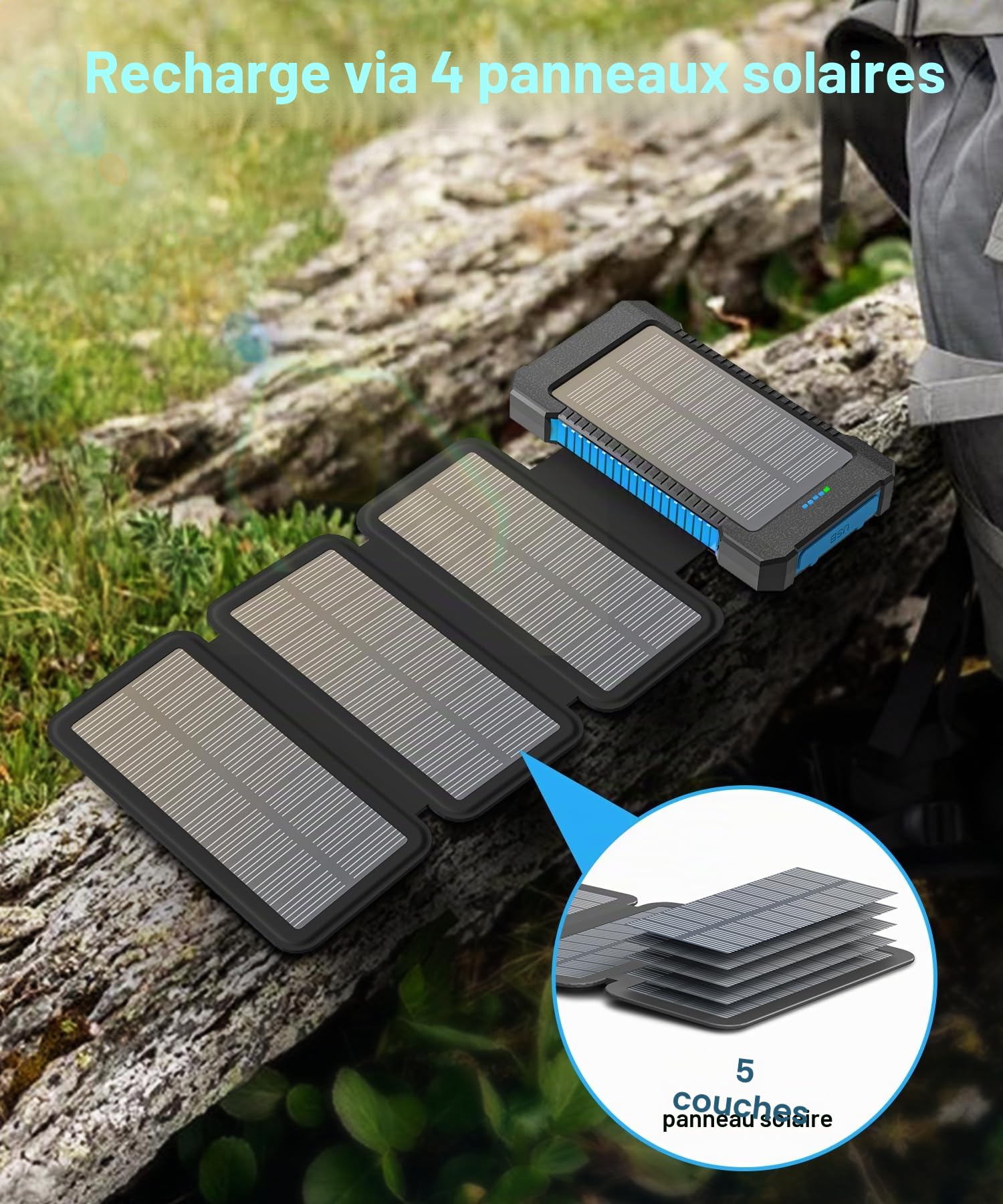 Chargeur Solaire 26800 mAh avec 4 Panneaux Solaires, Batterie Externe Solaire étanche avec Charge Rapide USB-C 18W pour Téléphones Portables, Tablettes, Ordinateurs.