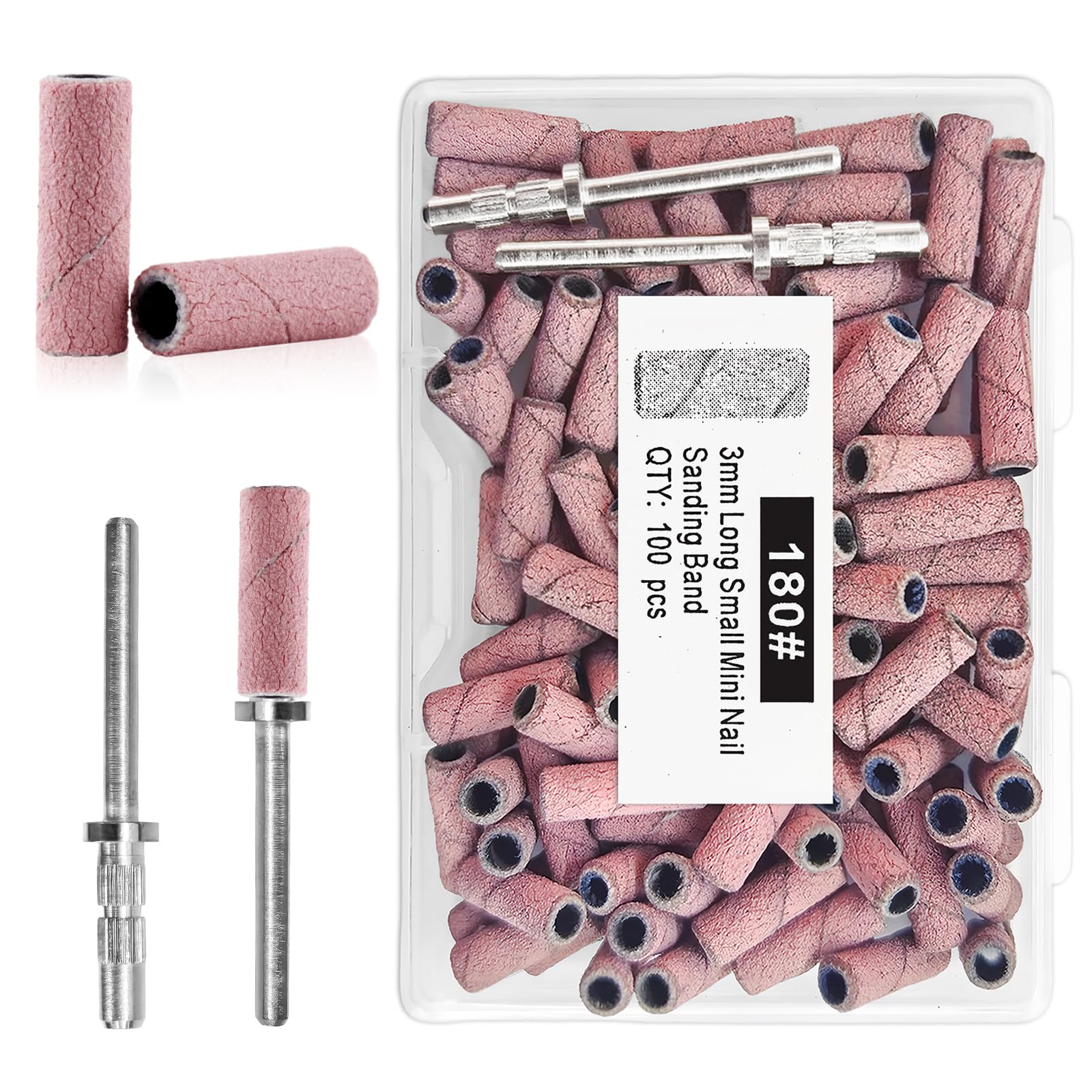 flintronic 100 Piezas Bandas de Lijado de Uñas de Grano 180, Bandas para Lijar Uñas, con 2 Brocas de Mandriles Mejorados de 3/32 Pulgadas, para Gel y Naturales, para Manicura y Pedicura