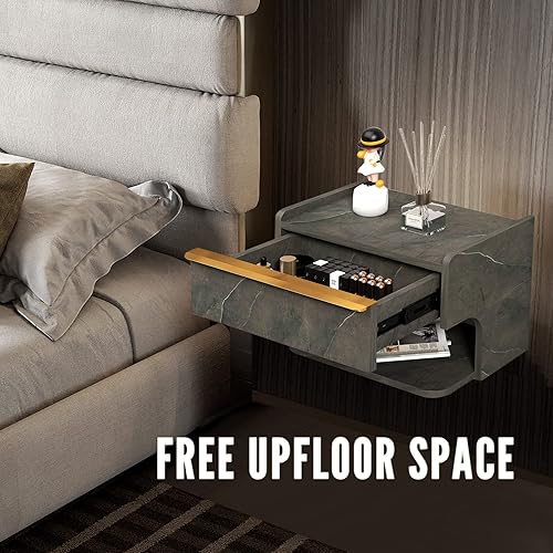 Miniatura 4 de Mesita de noche flotante con cajón, mesa de noche flotante montada en la pared, mesa auxiliar moderna con estante de almacenamiento abierto de