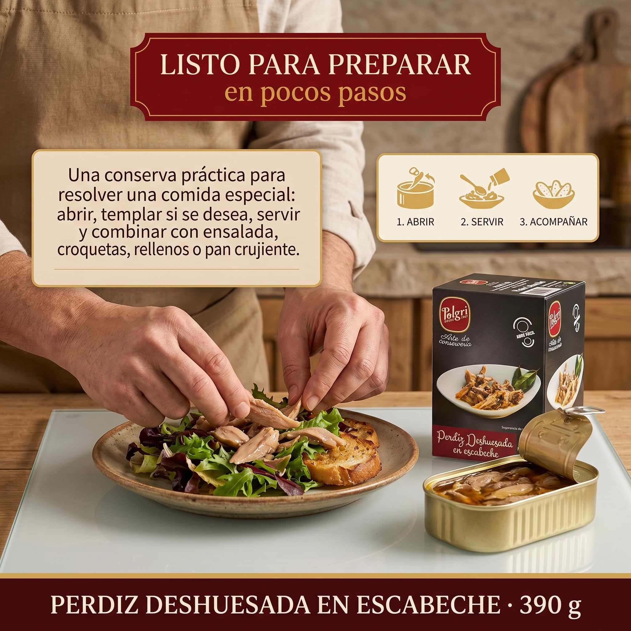 POLGRI Perdiz Deshuesada en Escabeche 390 g Lata Conserva Gourmet Carne de Caza Aperitivo Artesano Receta Manchega Tradicional 50% Carne Real Desde 1967