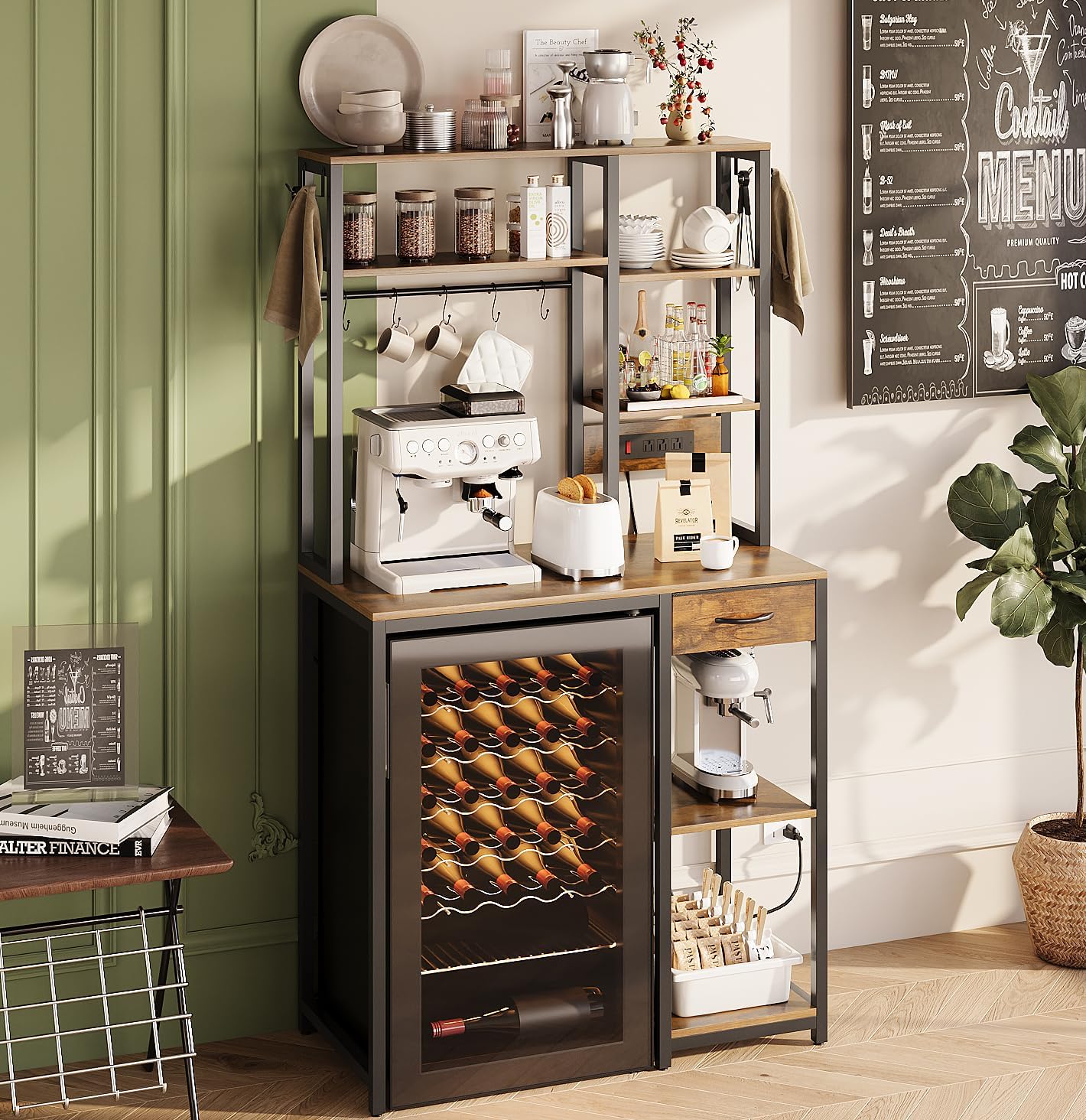 6-Tier Mini Fridge Stand with Power Outlet and Drawer, Freestanding Bakers Rack with Storage, Microwave Storage Shelf for Kitchen, Coffee Bar Organizer with Hooks (Rustic Brown)