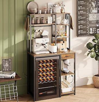 Espelism 6-Tier Mini Fridge Stand with Power Outlet and Drawer, Freestanding Bakers Rack with Storage, Microwave Storage Shelf for Kitchen, Coffee Bar Organizer with Hooks Rustic Brown