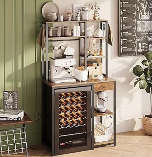 6-Tier Mini Fridge Stand with Power Outlet and Drawer, Freestanding Bakers Rack with Storage, Microwave Storage Shelf for Kitchen, Coffee Bar Organizer with Hooks (Rustic Brown)