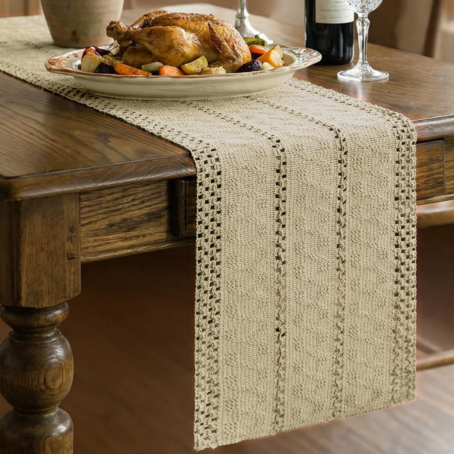 HIVTE Woven Cotton Linen Table Runner 30 * 140cm, Light Brown Bohemian Rustic Farmhouse for Kitchen Dining Decor