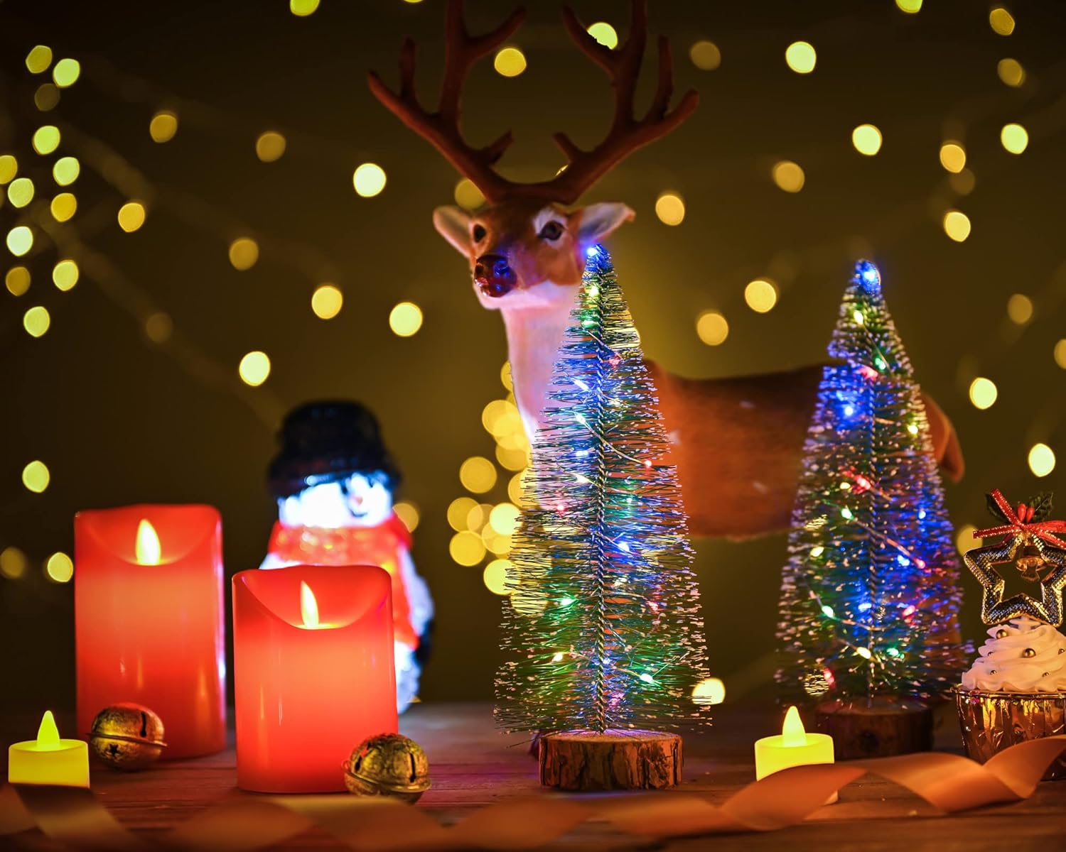 Leruckdite LED Mini Christmas Tree Lights Decorations with Wooden Bases for Home Holiday Party Festival and Indoor Outdoor Christmas Use Multicolor 2PCS