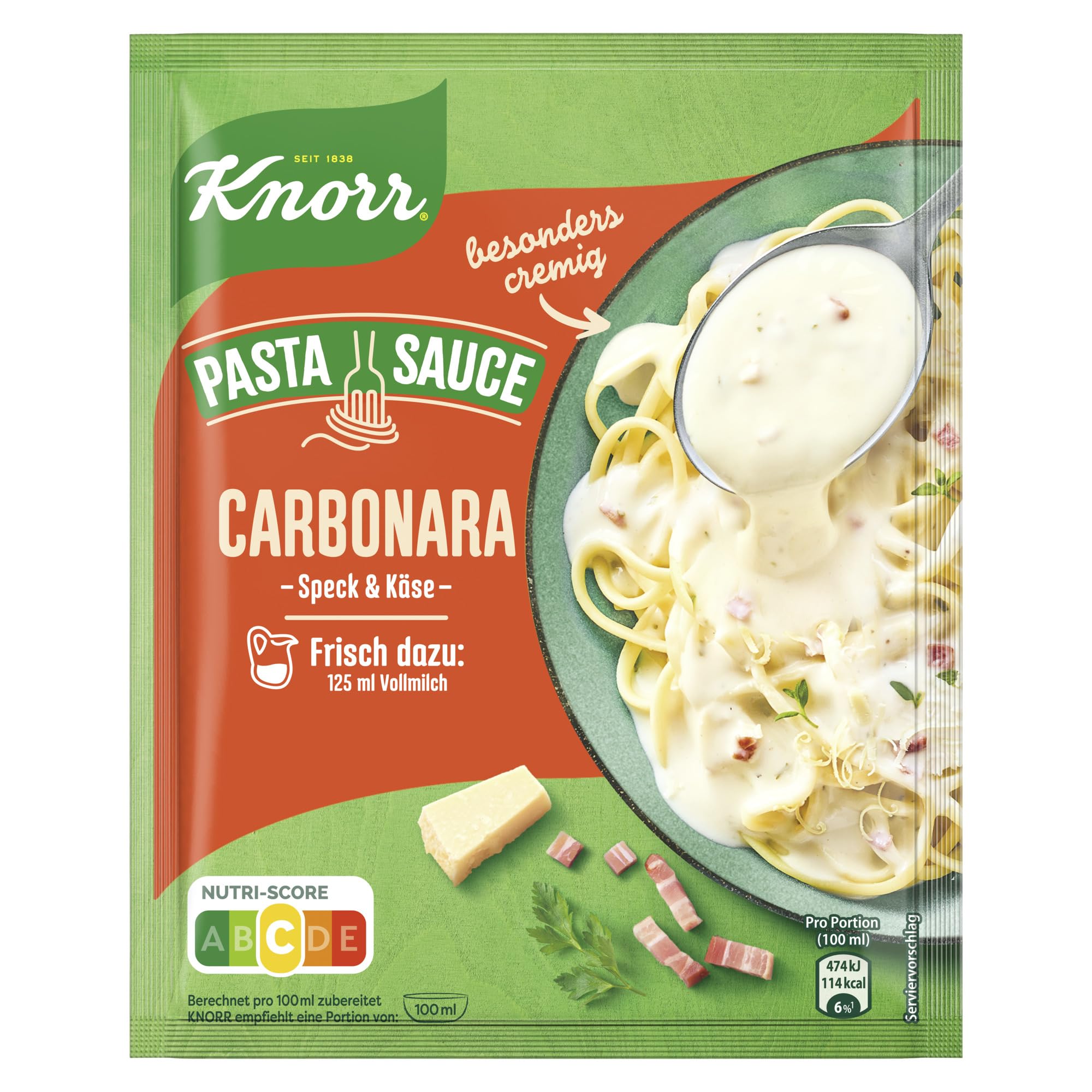 Knorr Pasta Sauce Carbonara leckere Nudelsauce mit Speck und Käse 250 ml (Packung mit 6)