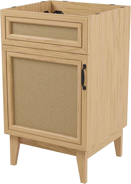 JONATHAN Y VAN1008A Javer 20 in. W x 18 in. D x 33 in. H Rattan Modern Farmhouse 2-Shelf Bath Vanity Cabinet Only (Sink Basin not Included), Oak