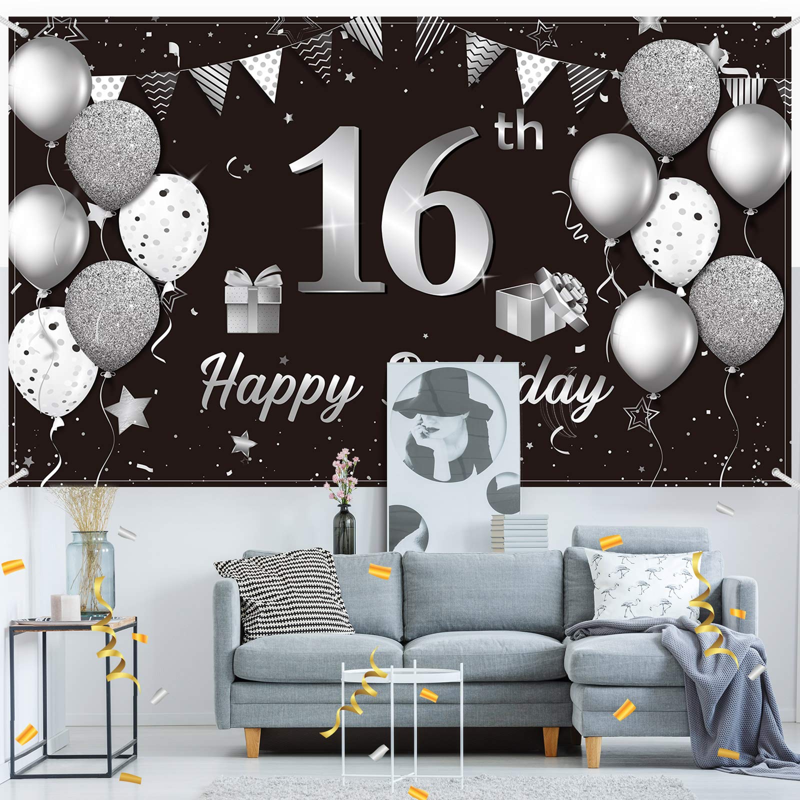 Happy 16th Birthday Hintergrund-Banner – 1,8x1,2 M Schwarz/Gold Mit Glitzer | Fotohintergrund Für Geburtstagsparty