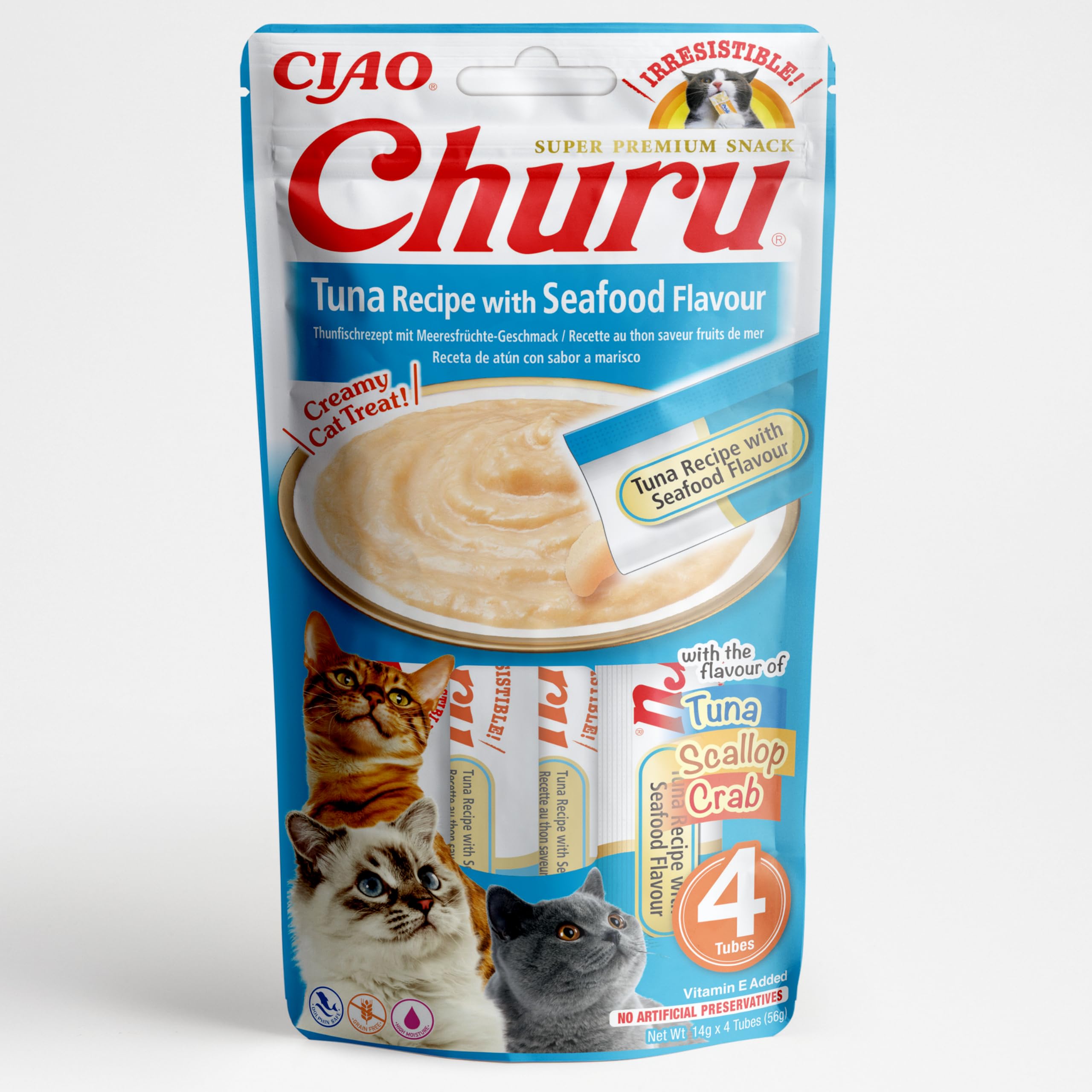 INABA Churu - Premios para Gatos - Snacks Saludables Atún con Marisco - Textura Cremosa - Sin Cereales, Conservantes, Colorantes - Sólo 6 Cal - 4x14g (56g)