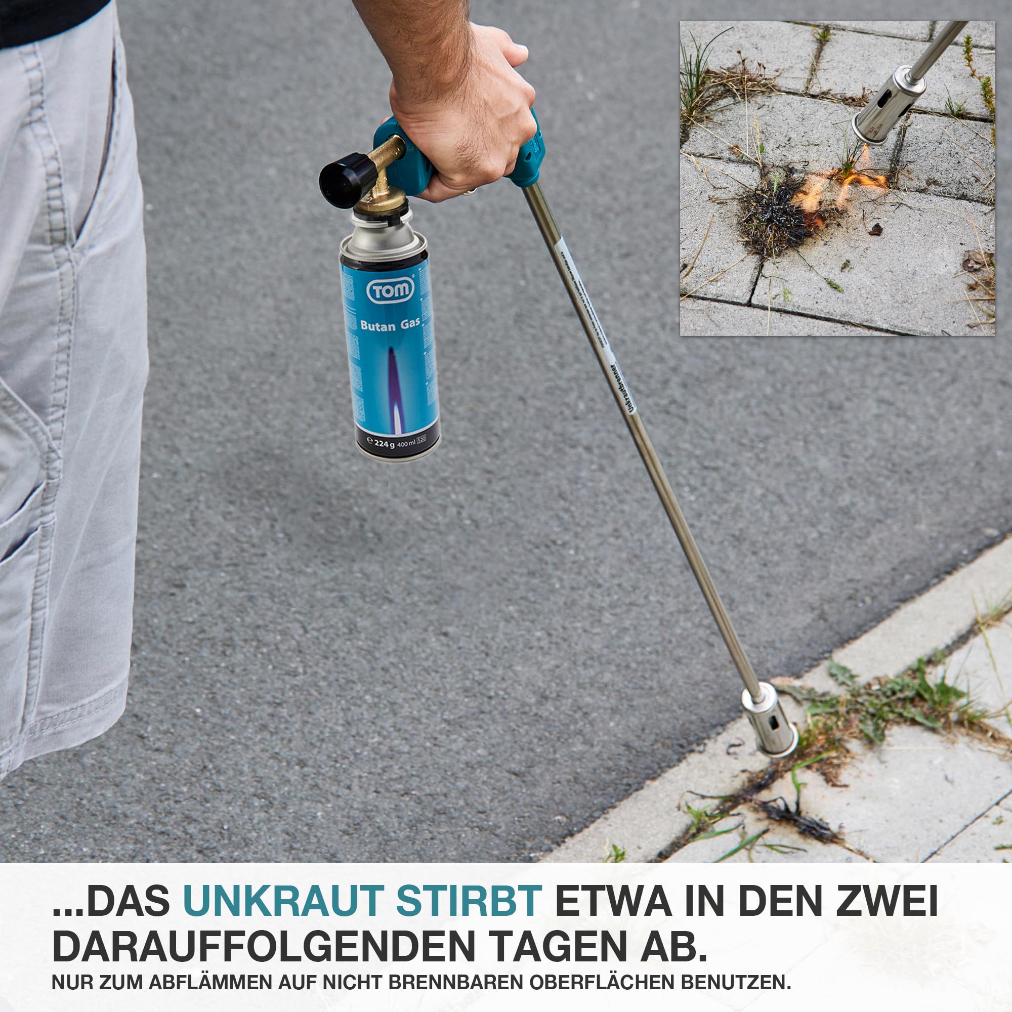 TOM Gas Unkrautbrenner Set + 8 x 400 ml Universal Gasflasche mit Schraubgewinde – Abflämmgerät ideal zur Unkrautvernichtung auf Pflastersteinen, Gehwege, Pflasterfugen