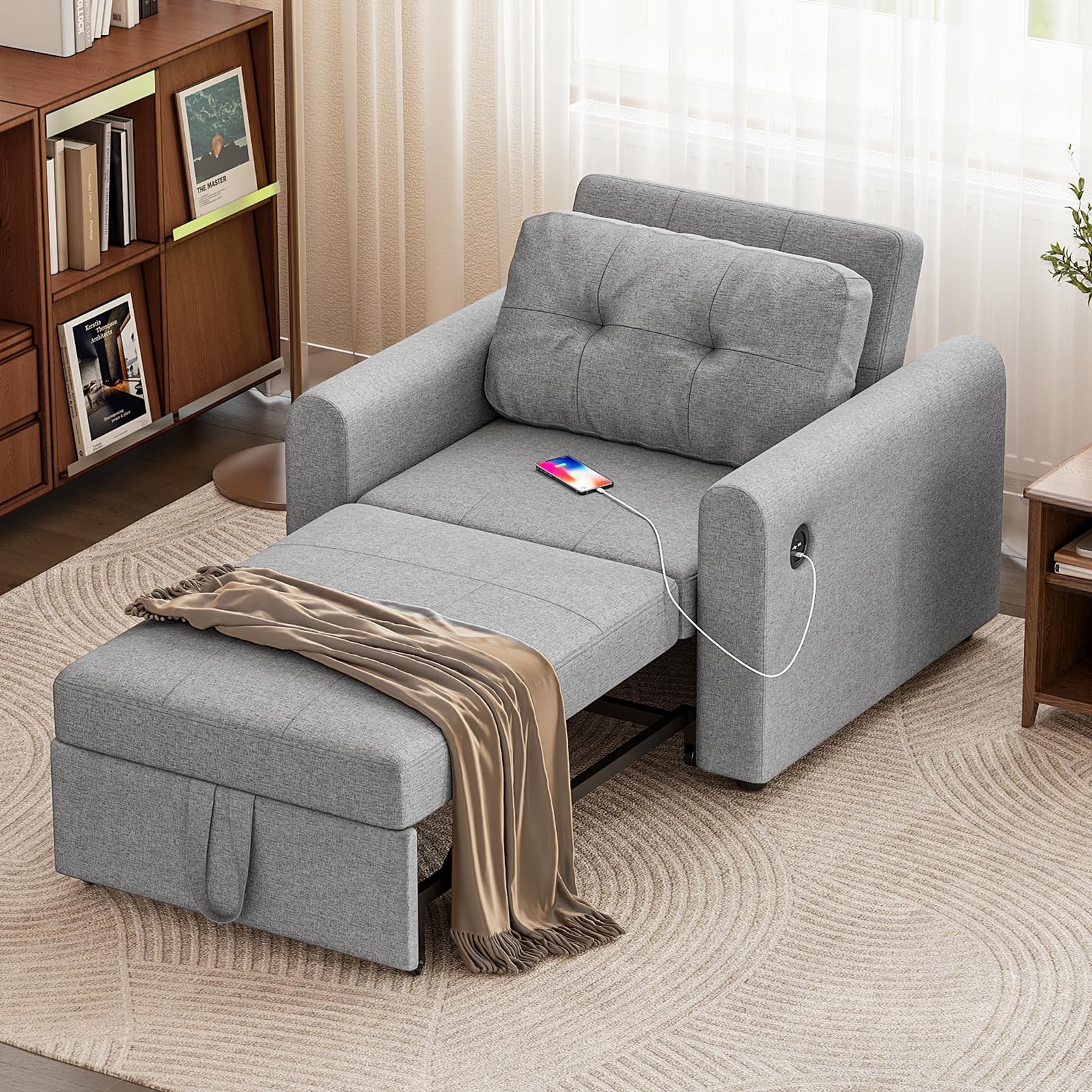 Jooli H Single 3-in-1 Sofa Bed, Convertible Pull Out Sleeper Sofa Bed Chair with USB Ports & Side Pocket for Living Room, Guest Room, Light Grey