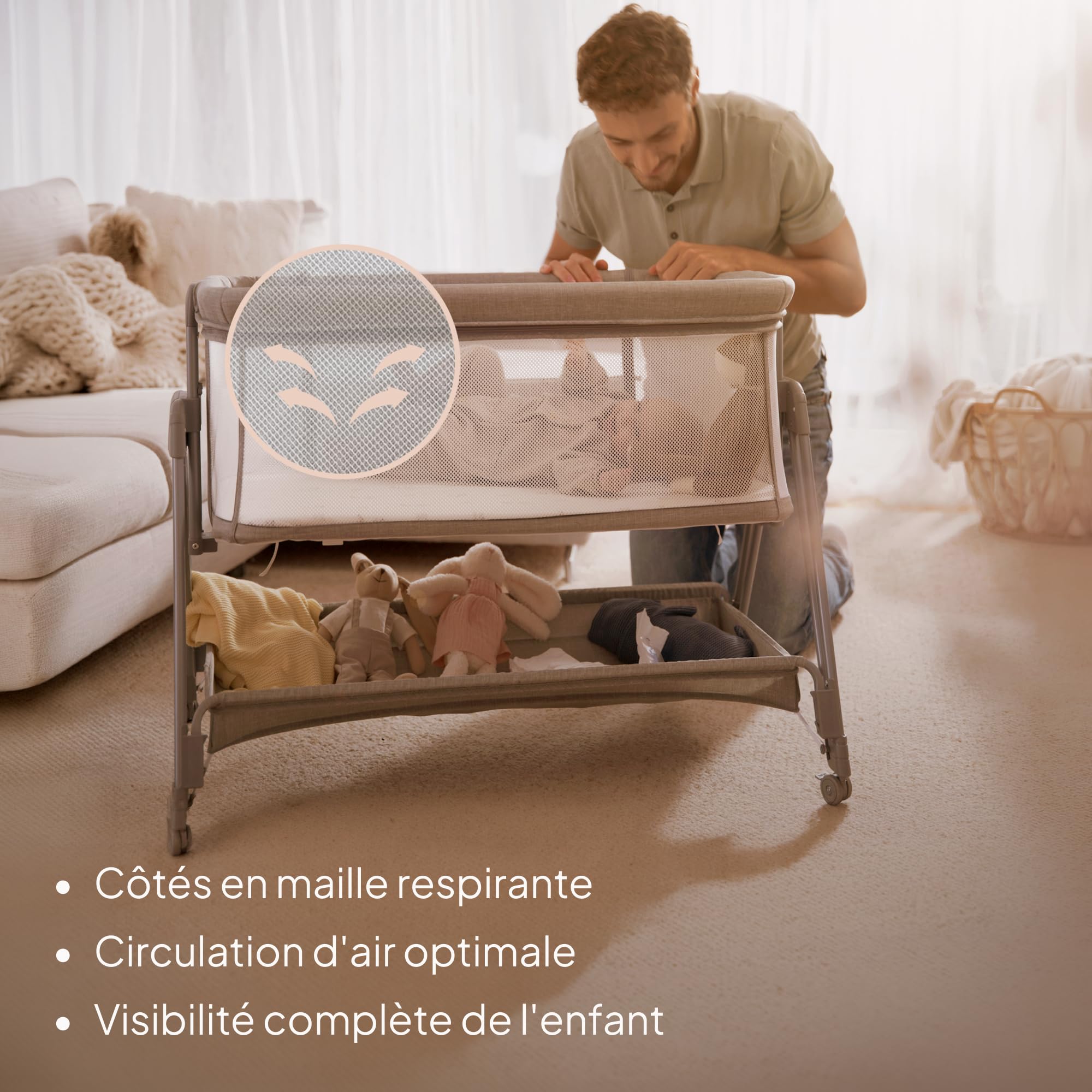 lionelo Luna, lit Bebe indépendant, cododo avec Matelas, co-Sleeping, du Nouveau-né à 9 kg. Hauteur et Inclinaison réglables, 4 Roues avec Blocage, Fixation au lit des Parents, aéré
