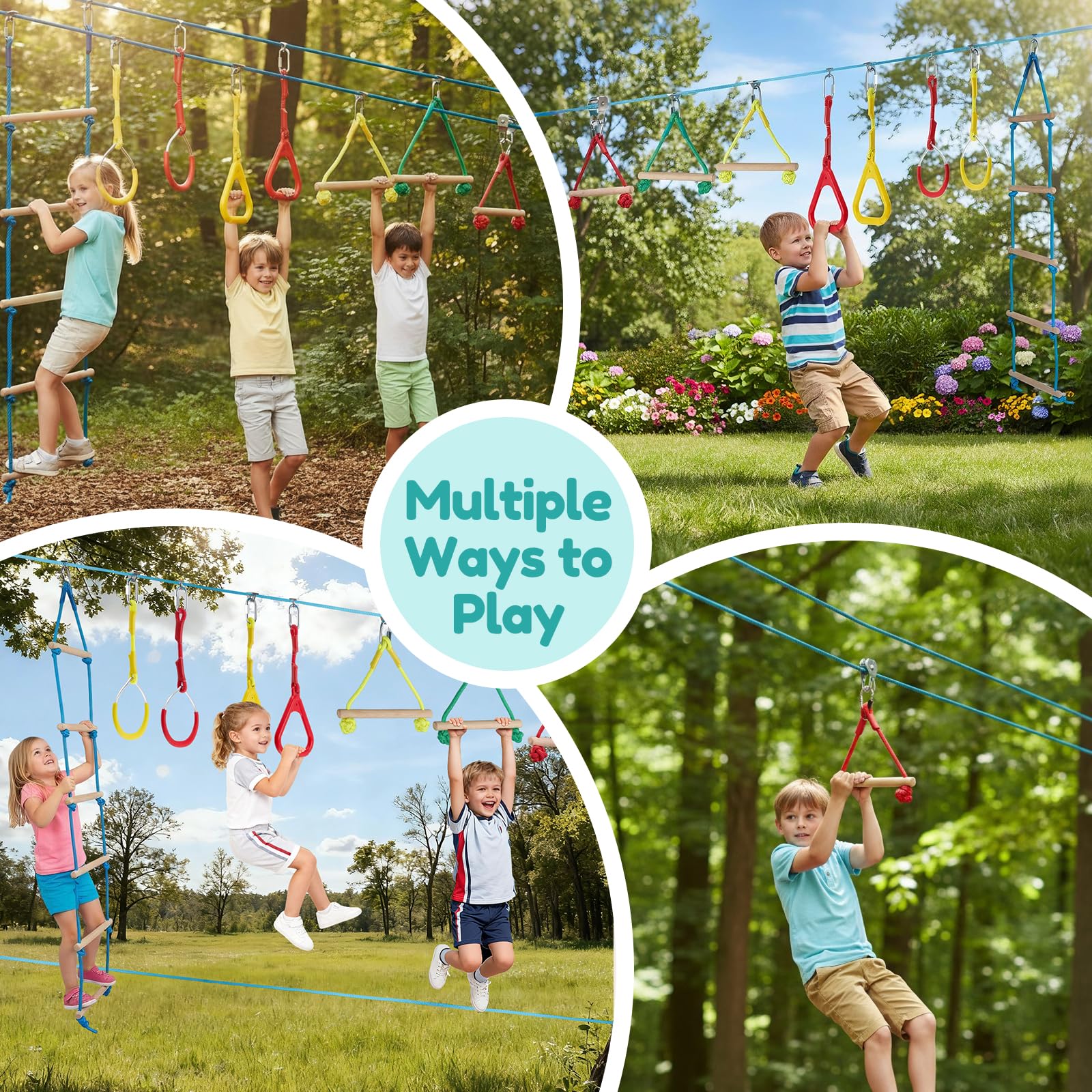 Set Slackline 8 in 1, ostacoli di arrampicata all'aperto con corda, aste per scimmie, anelli per arrampicata e scala, protezione per albero, borsa di stoccaggio, portata fino a 50 kg, per bambini 3-10