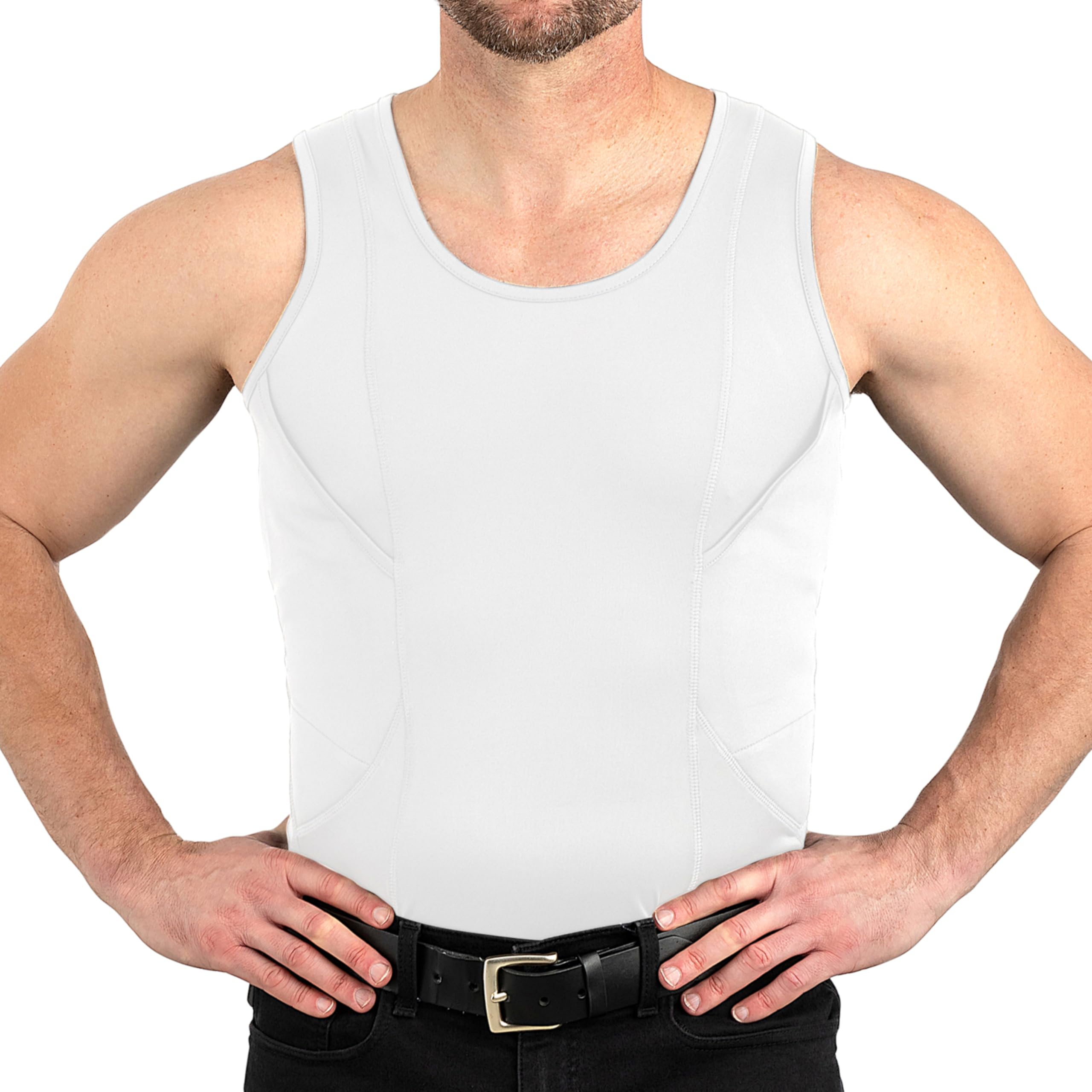 CCW Tactical Concealed Carry Holster Tank Top | Quick Access Open Pocket with Large Storage | All Season Moisture Wicking Compression Shirt | Mens Tank Top, White XL