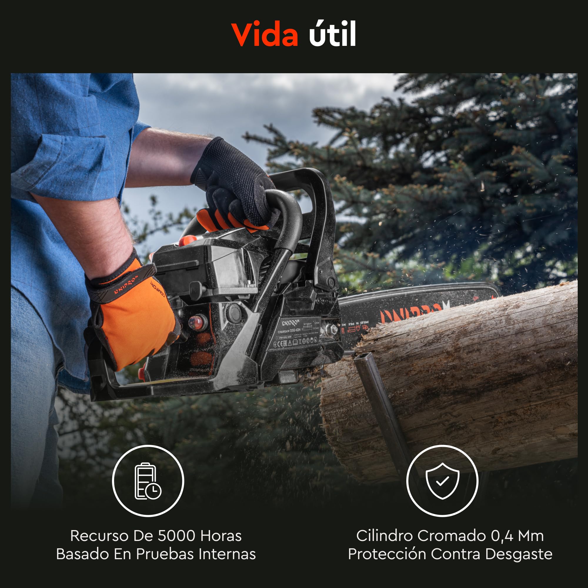 Motosierra de Gasolina, 45 cc, 1,8 kW (2,4 HP), Espada 40 cm (16"), Motor 2 Tiempos, Easy Start, Antivibración, Lubricación Automática y Freno de Cadena - DSG-45HE