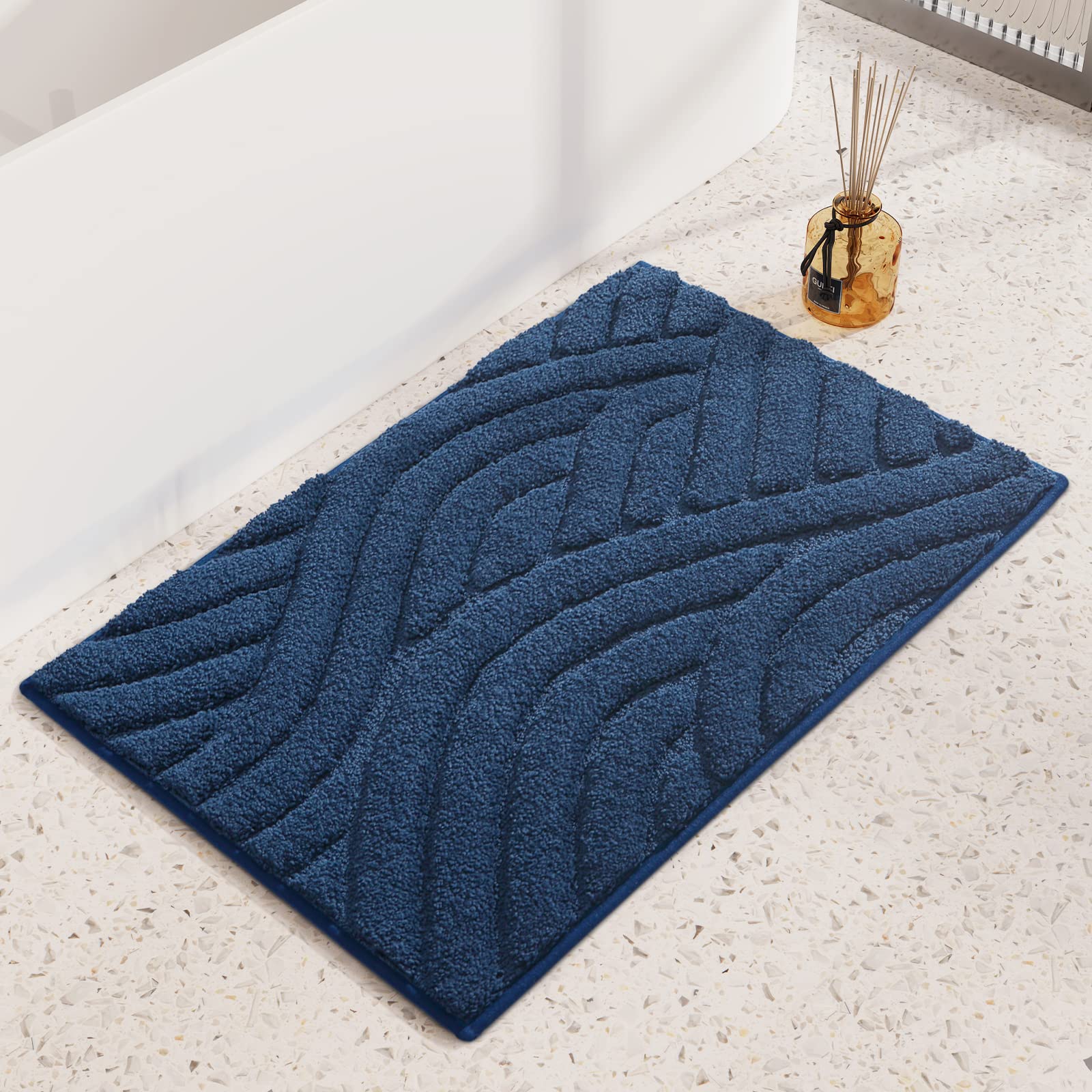 Color G Navy Blue Bathroom Rugs Absorbent Bath Mat for Shower, 20 x 32 Non Slip Bath Rugs for Bathroom, Soft Washable Bathmats Luxury Bathroom Floor Mat Microfiber Easy to Clean Quick Dry