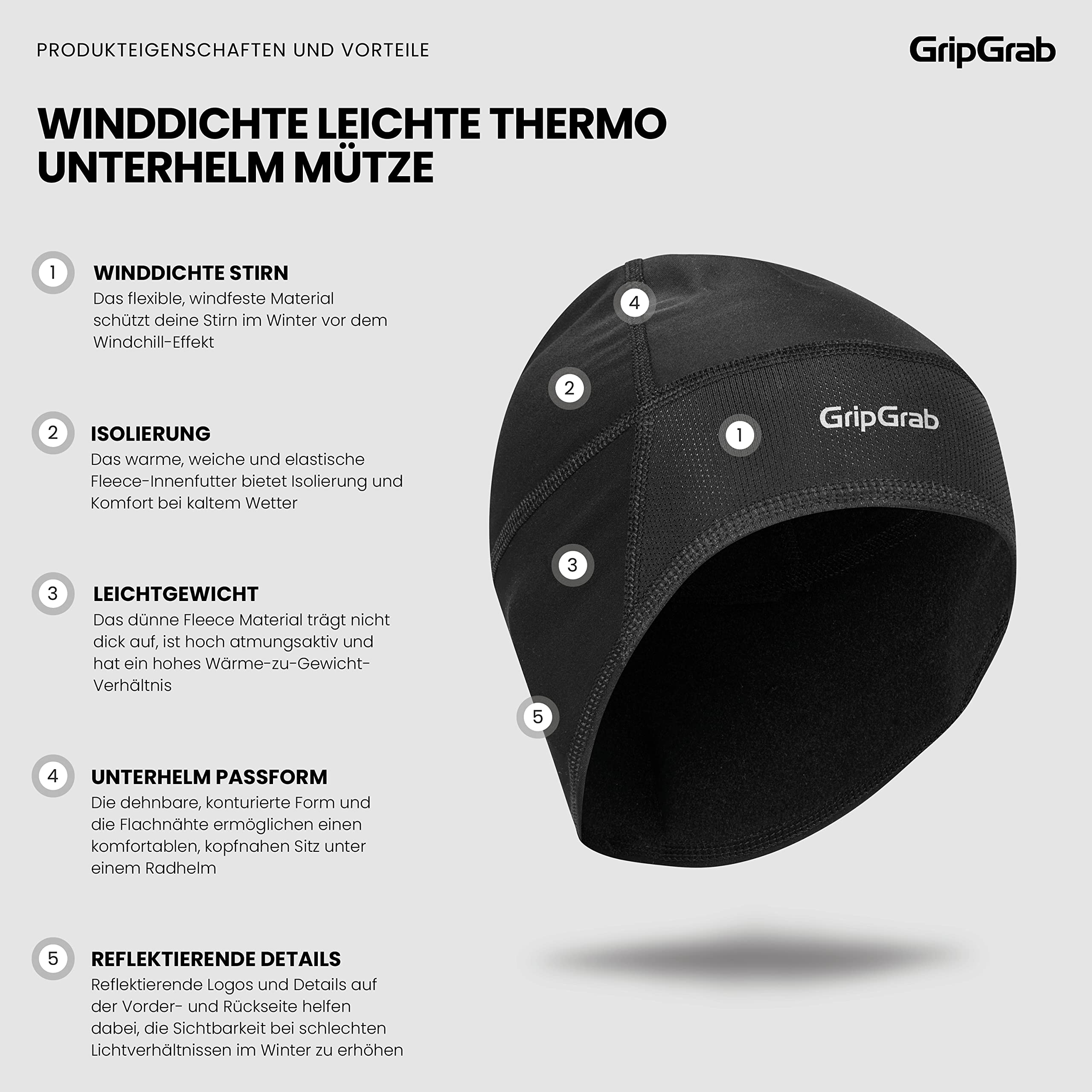 GripGrab Unterhelmmütze Winddicht - Dünne Fahrradmütze für den Winter | Leichte Thermomütze mit winddichter Stirn, atmungsaktiv & reflektierend - für Rennrad, Gravelbike & MTB
