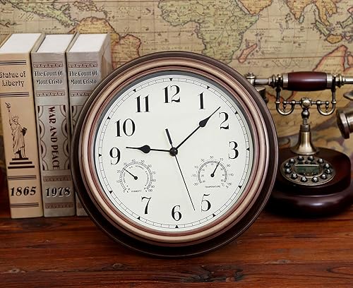 Miniatura 3 de Reloj de pared para interiores y exteriores de 12 pulgadas, resistente al agua con temperatura y humedad, funciona con pilas, sin tictac, reloj